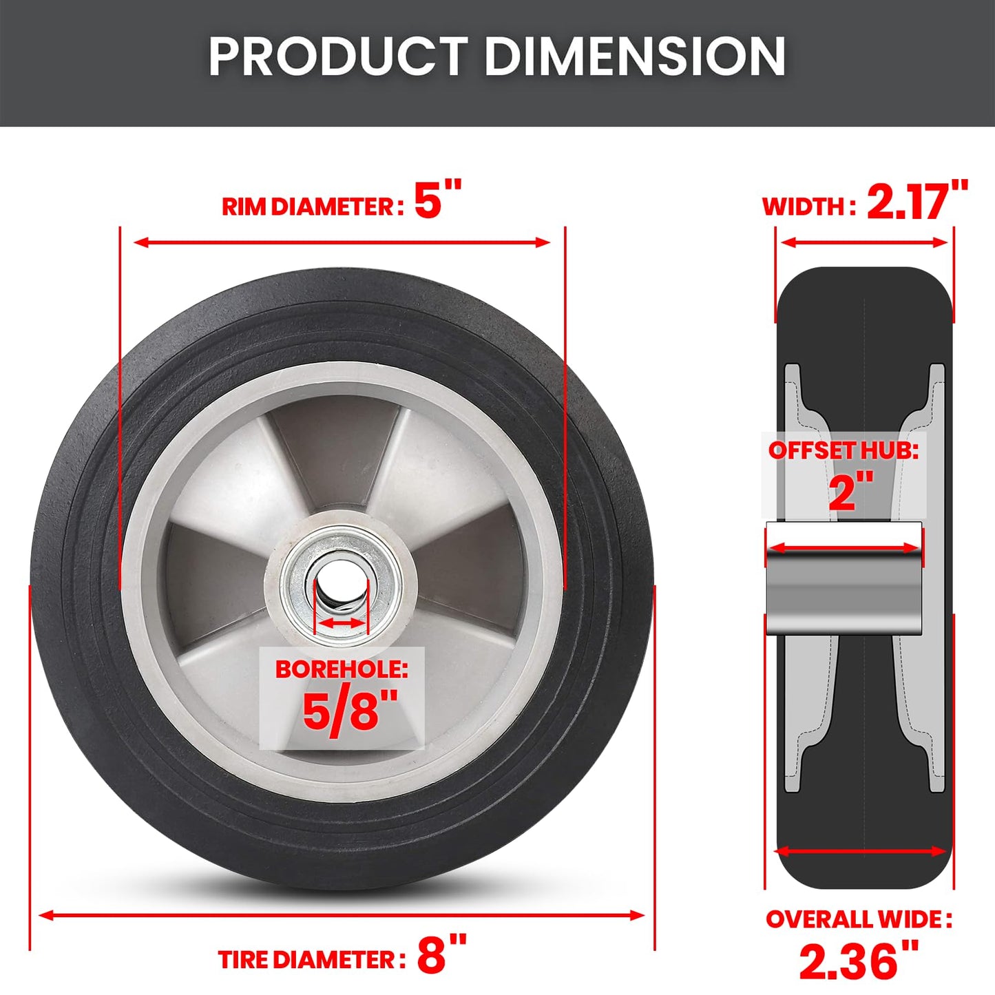 AR-PRO 2-Pack 8" x 2" Solid Run-Flat Replacement Tire with 5/8" Axle & 2" Offset Hub for Hand Trucks Wheelbarrows Dollies Trolleys – Heavy-Duty 176 lbs Load