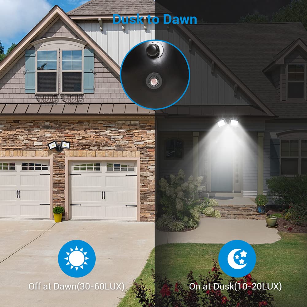 DEWENWILS 5400LM Dusk to Dawn LED Security Light Outdoor, 62W Super Bright Flood Light with Photocell, 5000K Daylight, IP65 Waterproof 2 Adjustable Heads Exterior Light for Garge, Backyard, Porch