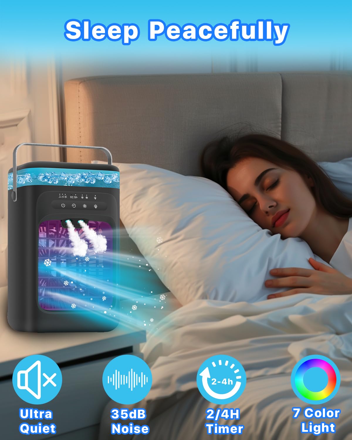 Portable Air Conditioner, 4-in-1 Evaporative Air Cooler, Personal Cooling Fan with 3 Speeds, 2 Mist Modes, 7 LED Night Light, 2-4H Timer