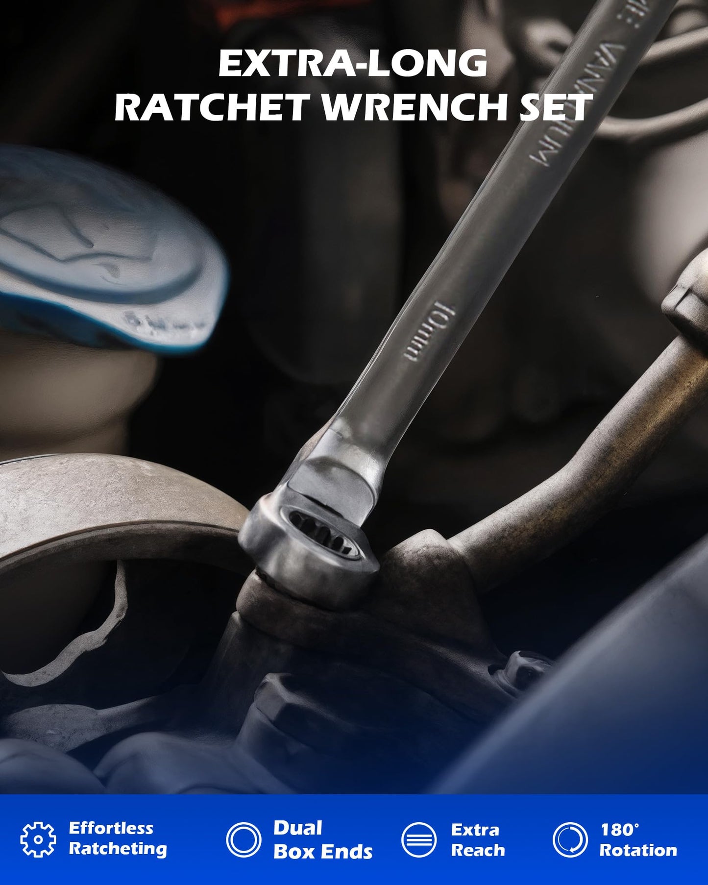 Orion Motor Tech Flex-Head Extra Long Gear Ratcheting Box End Wrench 6 Set, Metric XL Extended Long Handle, 9-5/8" to 16-1/2" Length, 8mm 10mm 12mm 13mm 14mm 15mm 16mm 17mm 18mm 19mm - 6pcs & 12 Sizes