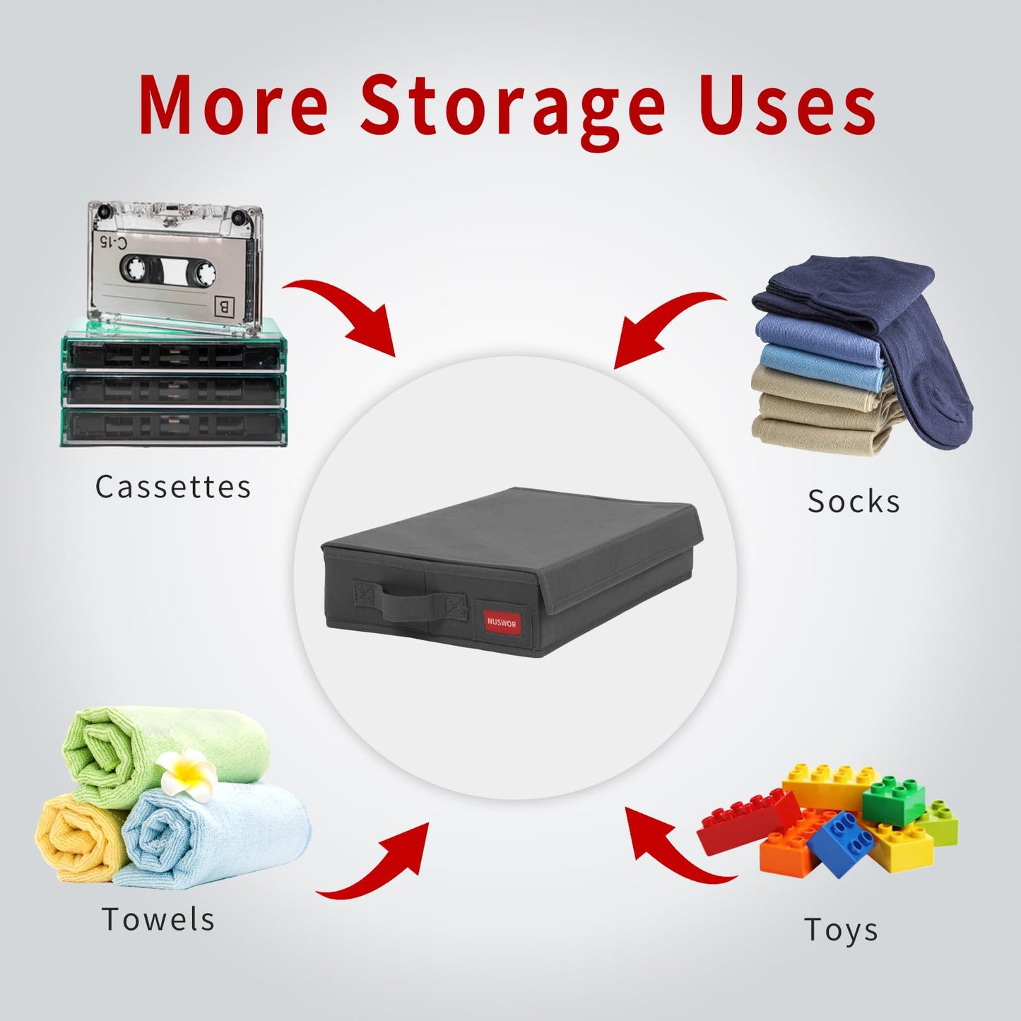 NUSWOR Stackable Tape Storage Boxes - Dust-proof Racks with Lid - Audio Cassette Holder Pack of 4- Holds 192 Cases - 16.34 x 9.25 x 3.4 Inches Grey
