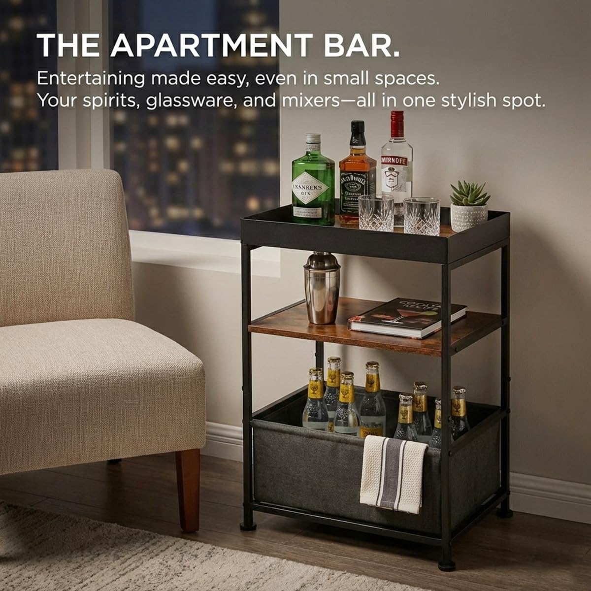 ZEXVIDA Industrial Narrow Side Table with Storage, 3 Tier End Table with Fabric Bin & Tray Top for Living Room, Narrow Nightstand Slim Bedside Table for Bedroom, Small Spaces, Rustic Brown