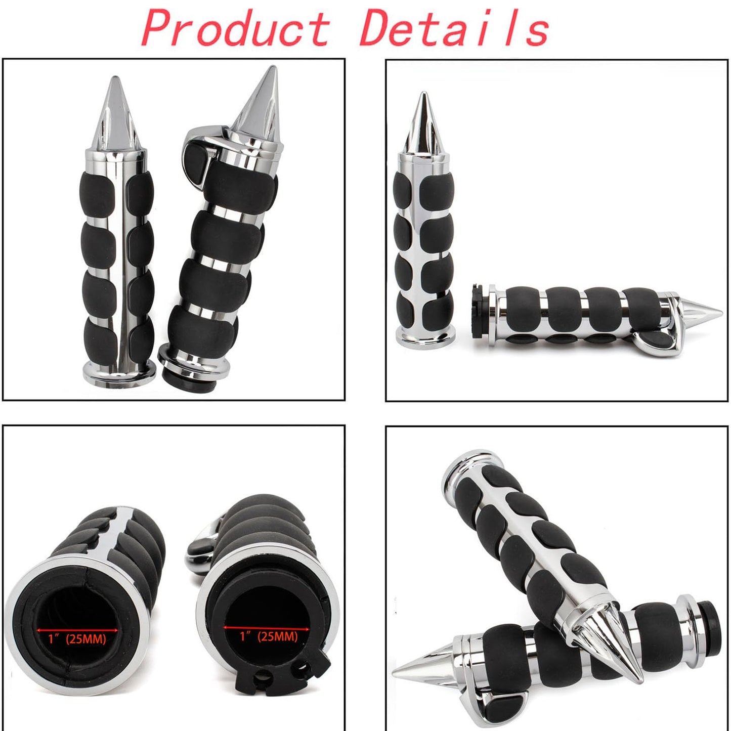 Motorcycle 1" Hand Grips Bar End Hand Handlebar Spike Chrome Black Aluminum Rubber