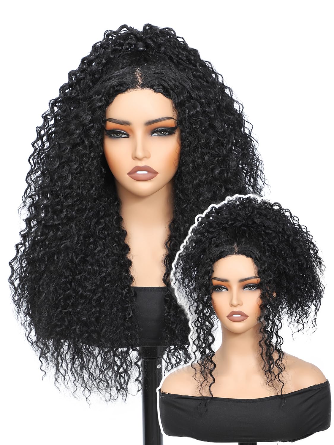 YKHJH Curly Synthetic Wig Protein Fiber Like Human Hair 26 Inches Natural Black Kinky Curly Synthetic Lace Front Wig Water Wave Lace Wigs (Black)