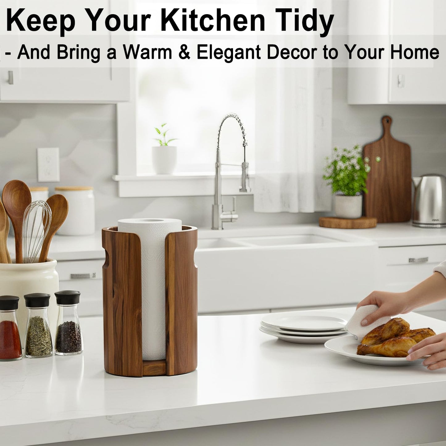 Wood Paper Towel Holder for Kitchen Countertop, Acacia Wooden Kitchen Towel Holder with Splash Guard, Handles & Weighted Non-Slip Base, Home Decor Essentials, for Kitchen, Bathroom,Apartment, RV