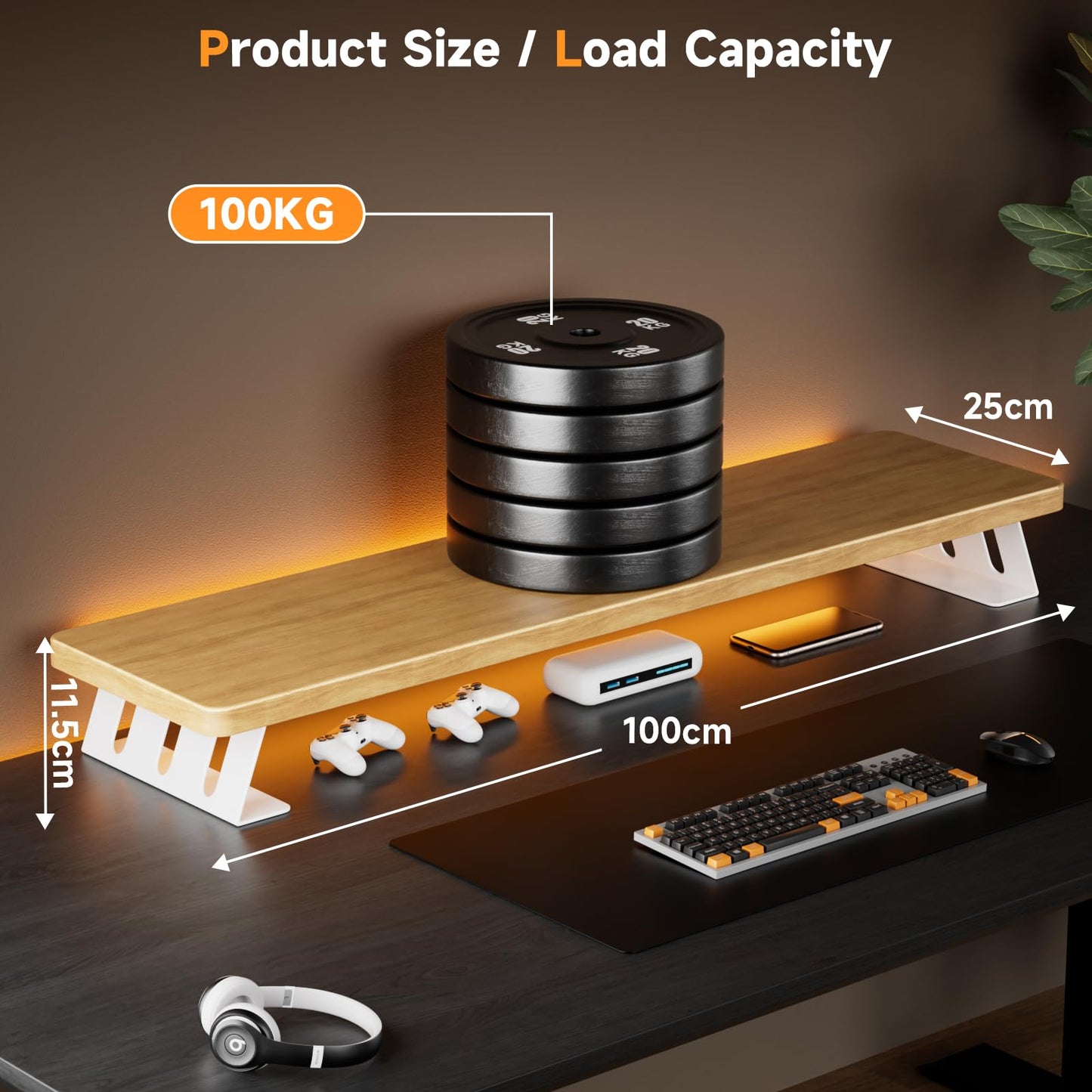 NestNeat Dual Monitor Stand, 39 Inch Large Wood Monitor Stands for 2 Monitors, Desktop Monitor Riser with Metal Support for Computer/Laptop/Printer/TV (Oak, 100cm)