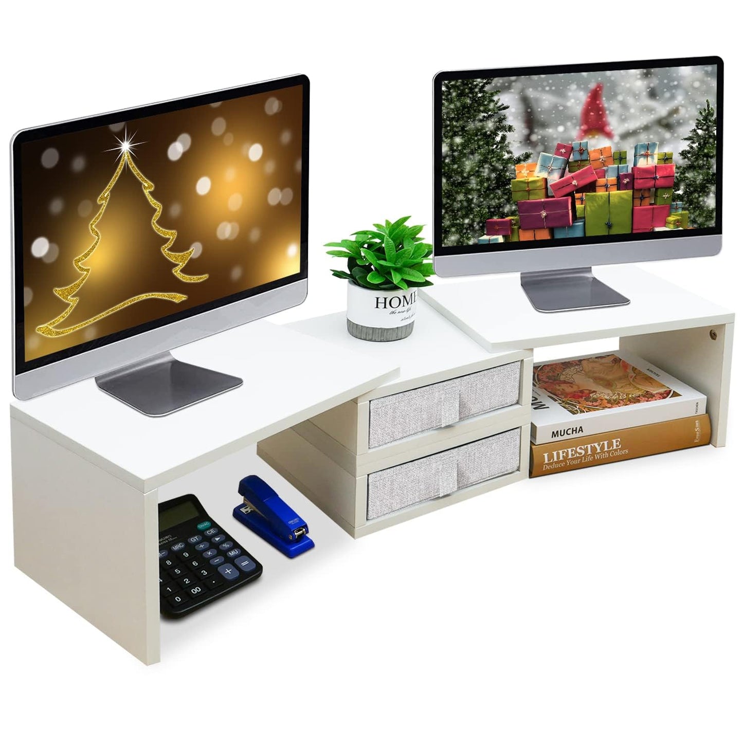 TEAMIX Dual Monitor Stand Riser with 2 Drawers - Length and Angle Adjustable White Monitor Stand with Storage Large Computer Riser for 2 Monitors/Laptop/PC, Wood Screen/TV Stand Desk Organizer