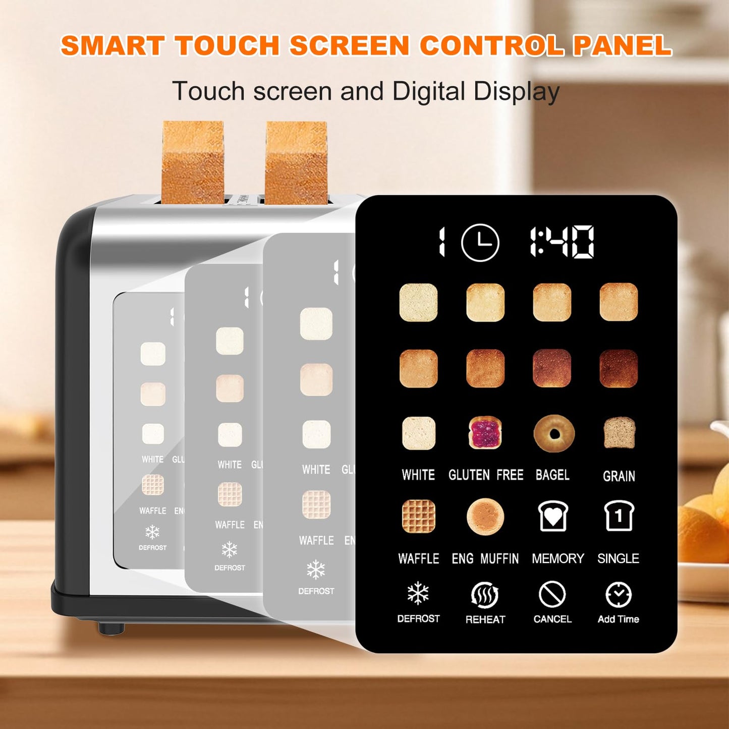 2 Slice Toaster Touch Screen, Stainless Steel Toasters Digital Timer 2 Slot Toasters, 8 Shade Settings 6 Bread Types for Bagel, Cancel, Defrost (Black)