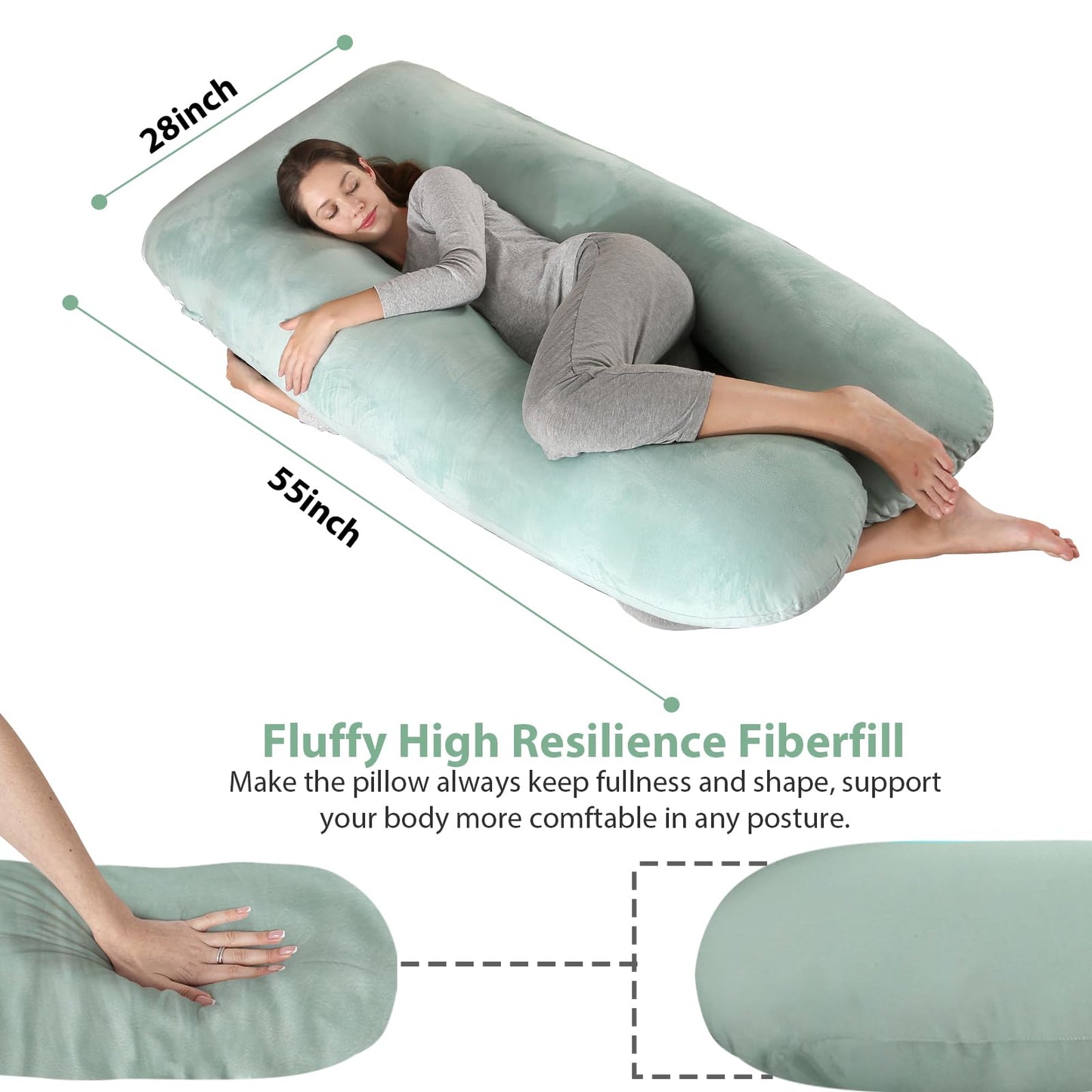 Amagoing 55 inches Pregnancy Pillows for Sleeping, U Shaped Maternity Full Body Pillow for Pregnant Women with Hip, Leg, Back, Belly Support, Washable Velet Cover Included (Velvet Mint Green)