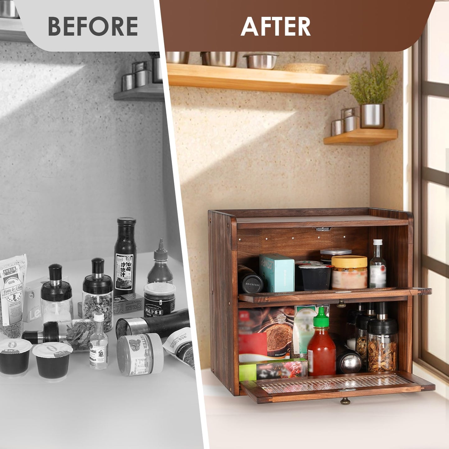 Sunhoo Bread Box for Countertop Bread Storage Bin Container Double Layer Extra Large Kitchen Counter Wood Breadbox Saver Keeper Vintage with Acrylic Window Easy to Assemble Boîte à Pain (Brown)
