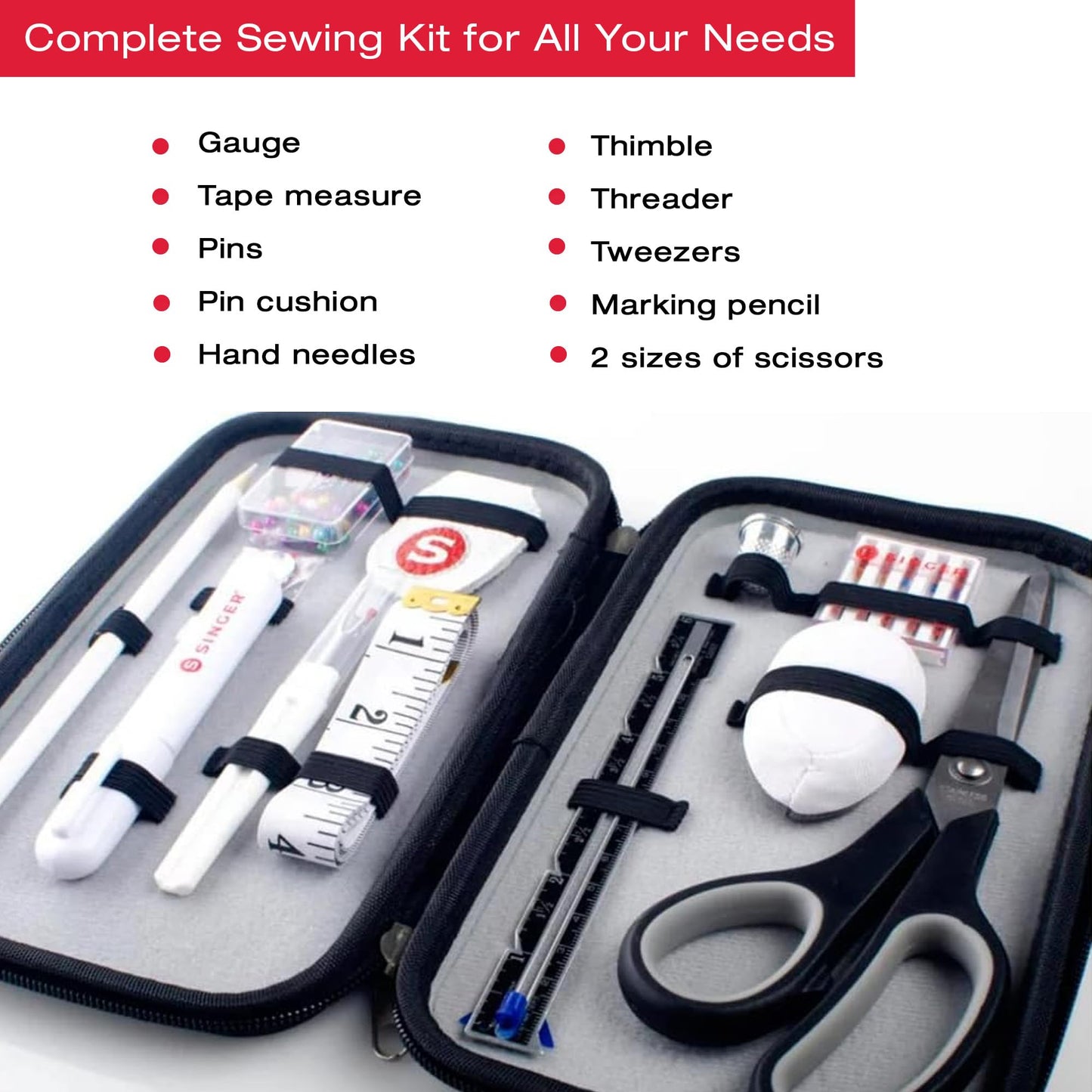 SINGER Beginner Sewing Kit with Carrying Case | Sewing Supplies Include Needle Threader, Scissors, Needles, Tape Measure & More (Black)