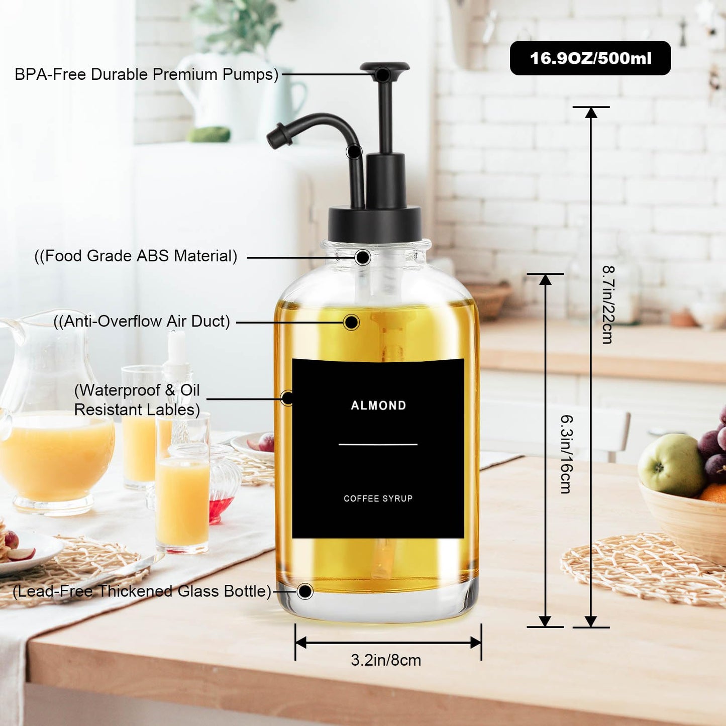 Sunal 3pack Coffee Syrup Dispenser,Black 16.9 oz/500ml Glass Pump Bottles with Tray,Syrup Dispenser with Funnel&36 Labels for Kitchen&Coffee Bar