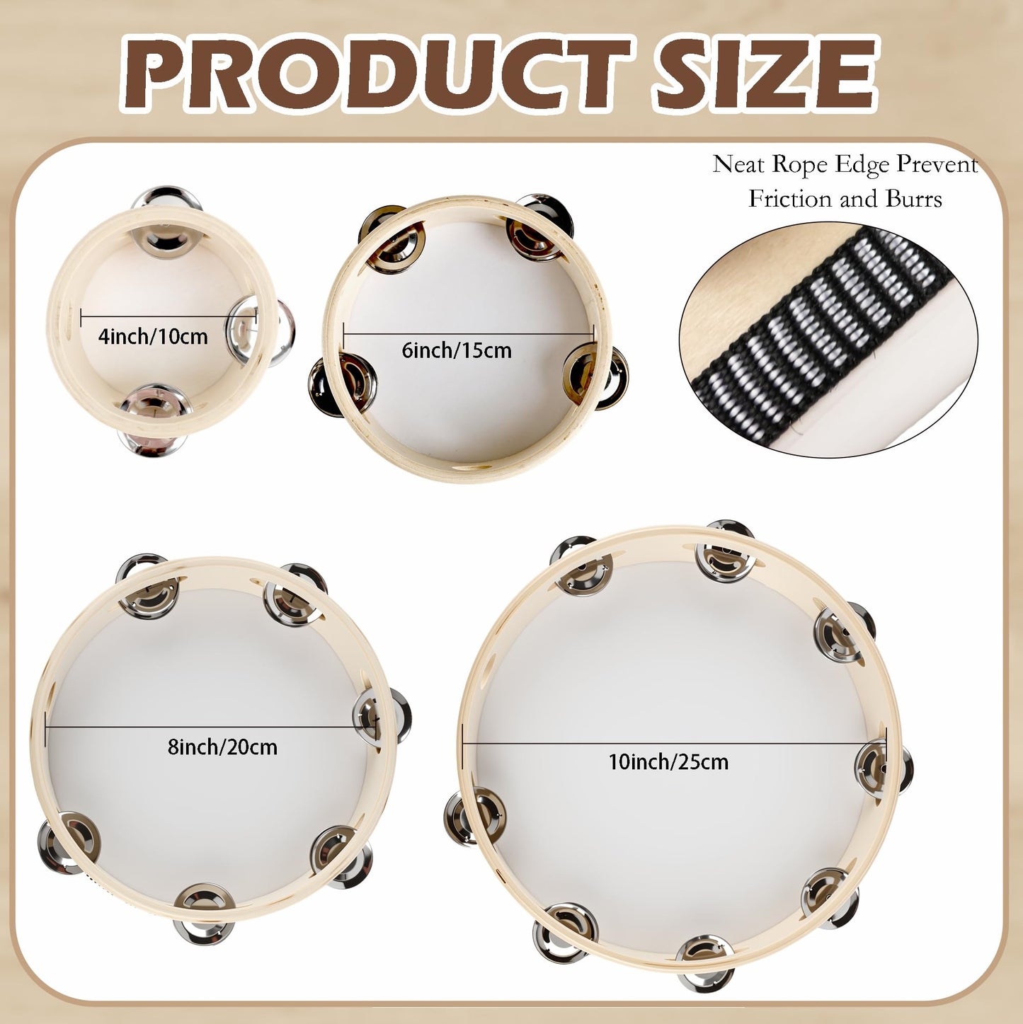 16 Pcs Tambourine Set for Adults Handheld Drum Bell Wood Tambourine with Metal Jingles Musical Percussion Instrument Church Wedding Party Gift, 4 Size