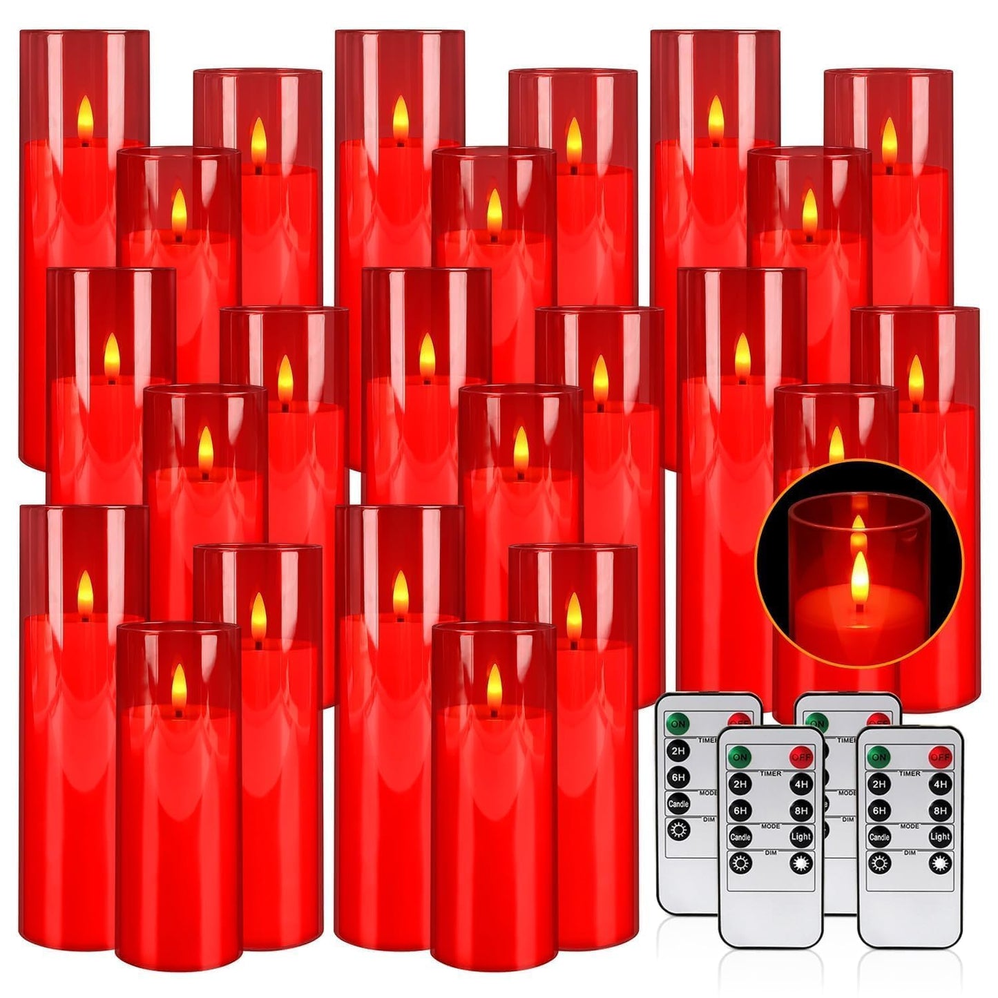 24-Pack Red Acrylic Flameless LED Candles with Remote Control - Realistic Flickering Battery - Operated Candles for Christmas,Halloween,Home Decor, Weddings, and Parties.