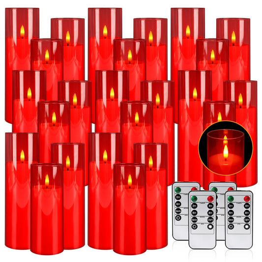 24-Pack Red Acrylic Flameless LED Candles with Remote Control - Realistic Flickering Battery - Operated Candles for Christmas,Halloween,Home Decor, Weddings, and Parties.