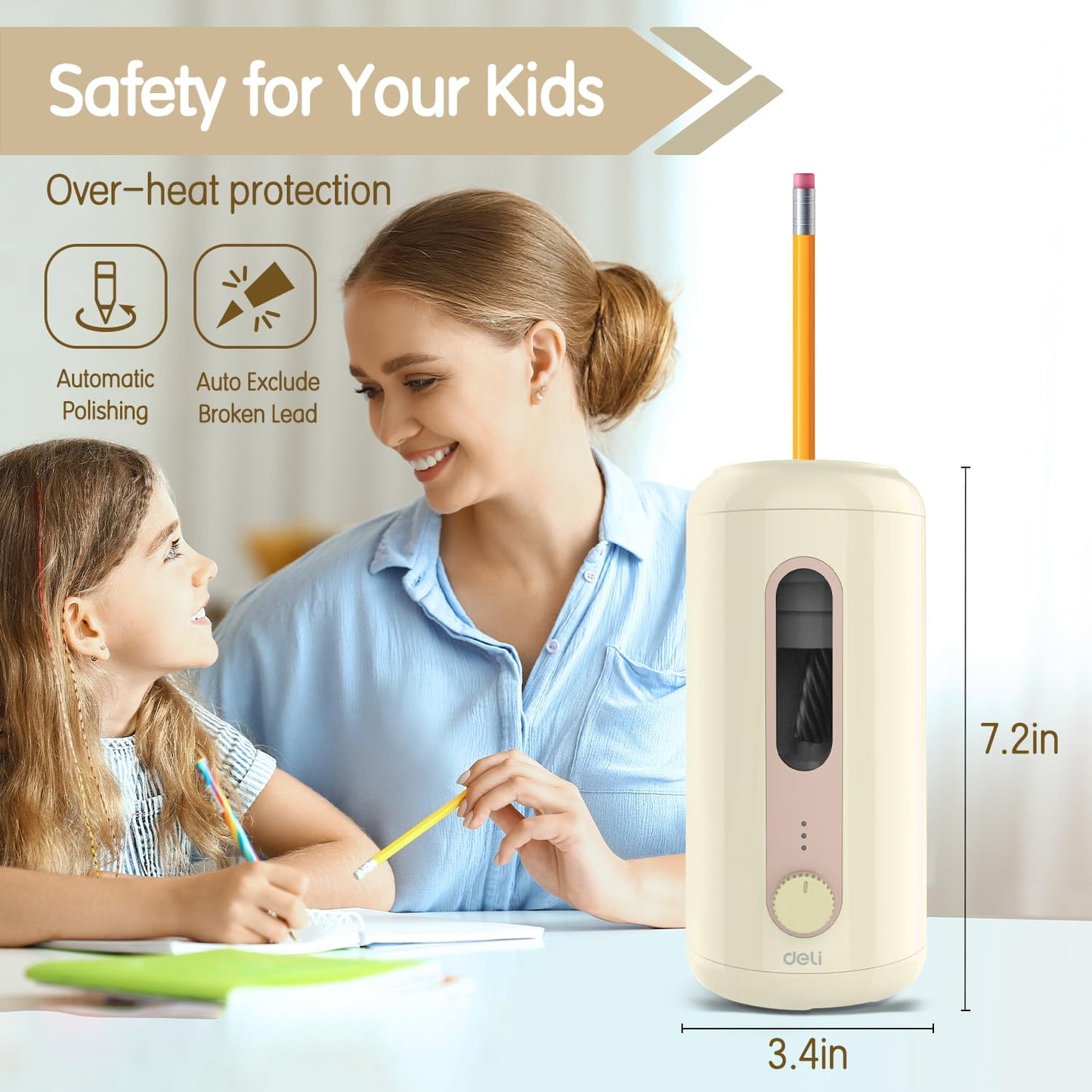 Deli Electric Pencil Sharpener, Fully Automatic Pencil Sharpener, Auto in & Out, Rechargeable Hands-Free Pencil Sharpener for 6.9-12mm, Home, Classroom, Battery Operated, Beige