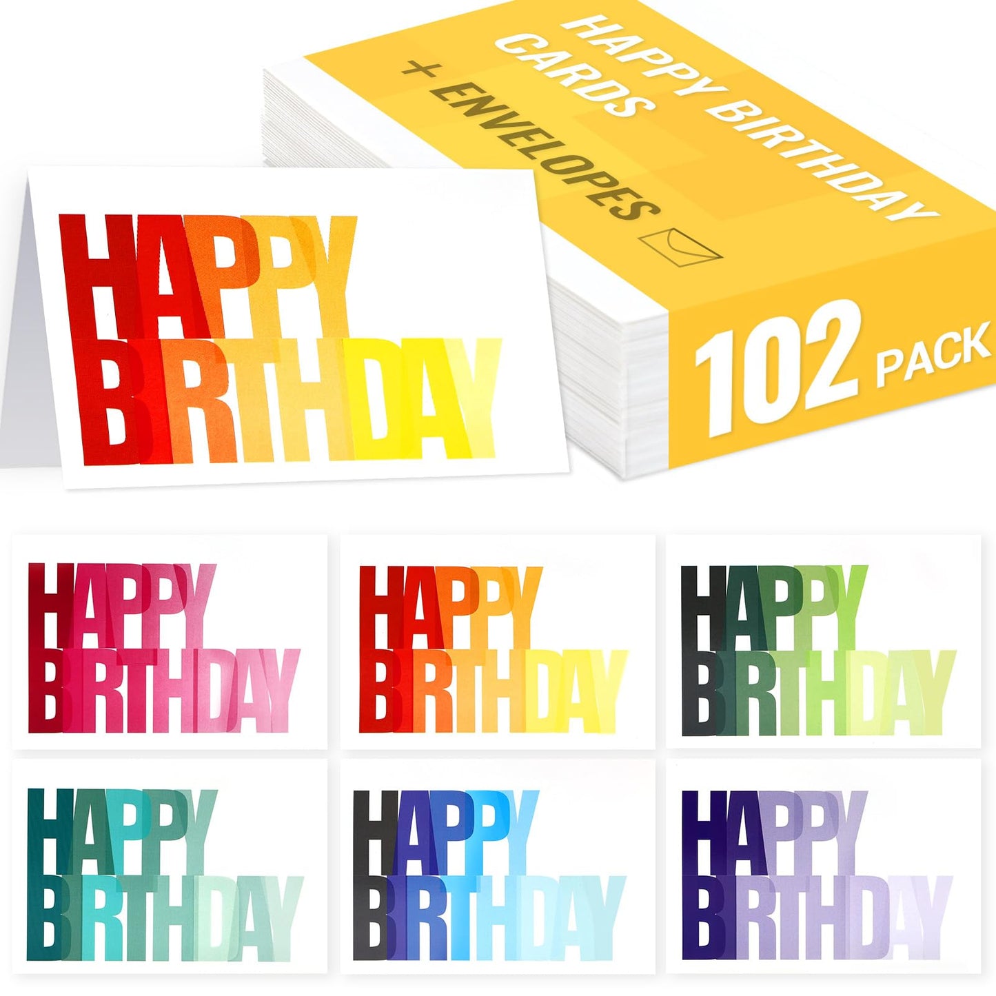 XXINMOH 102 Pack Happy Birthday Cards Bulk with 4x6 Envelopes, Blank Inner, 6 Designs for Students, Work, Office, Gradient Colorful Font (Plus 102 Envelopes)