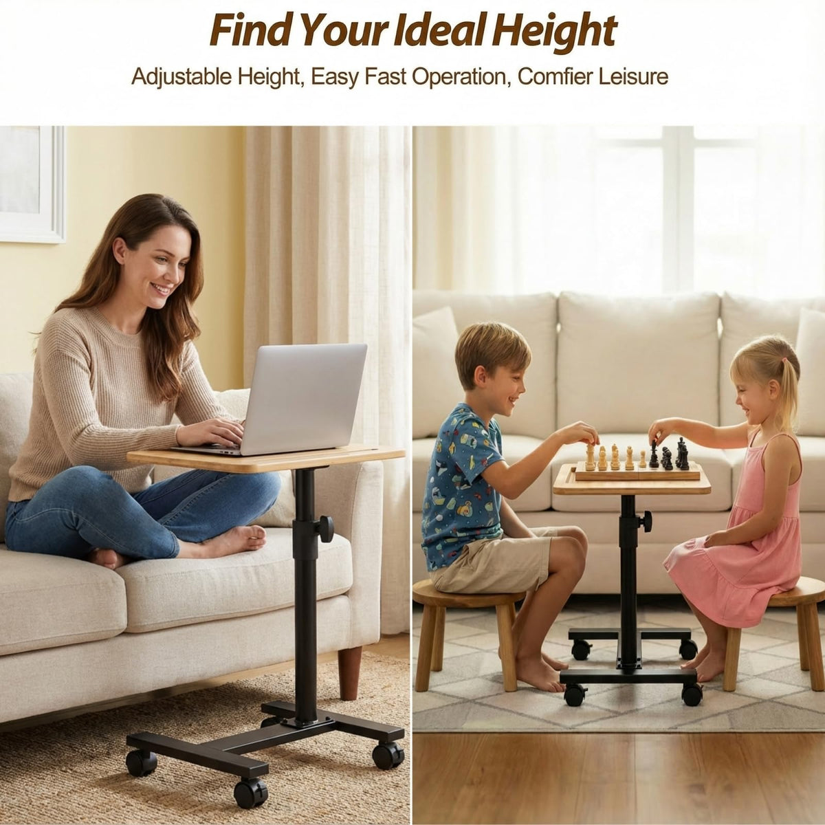 C Shaped TV Tray Table, 360° Swivel Adjustable Height Sofa Side Stand End for Couch, Living Room, Small Mesa para Laptop with Phone Slot, for Bedside, Recliner, Eating, Bamboo-Wood, with Wheels
