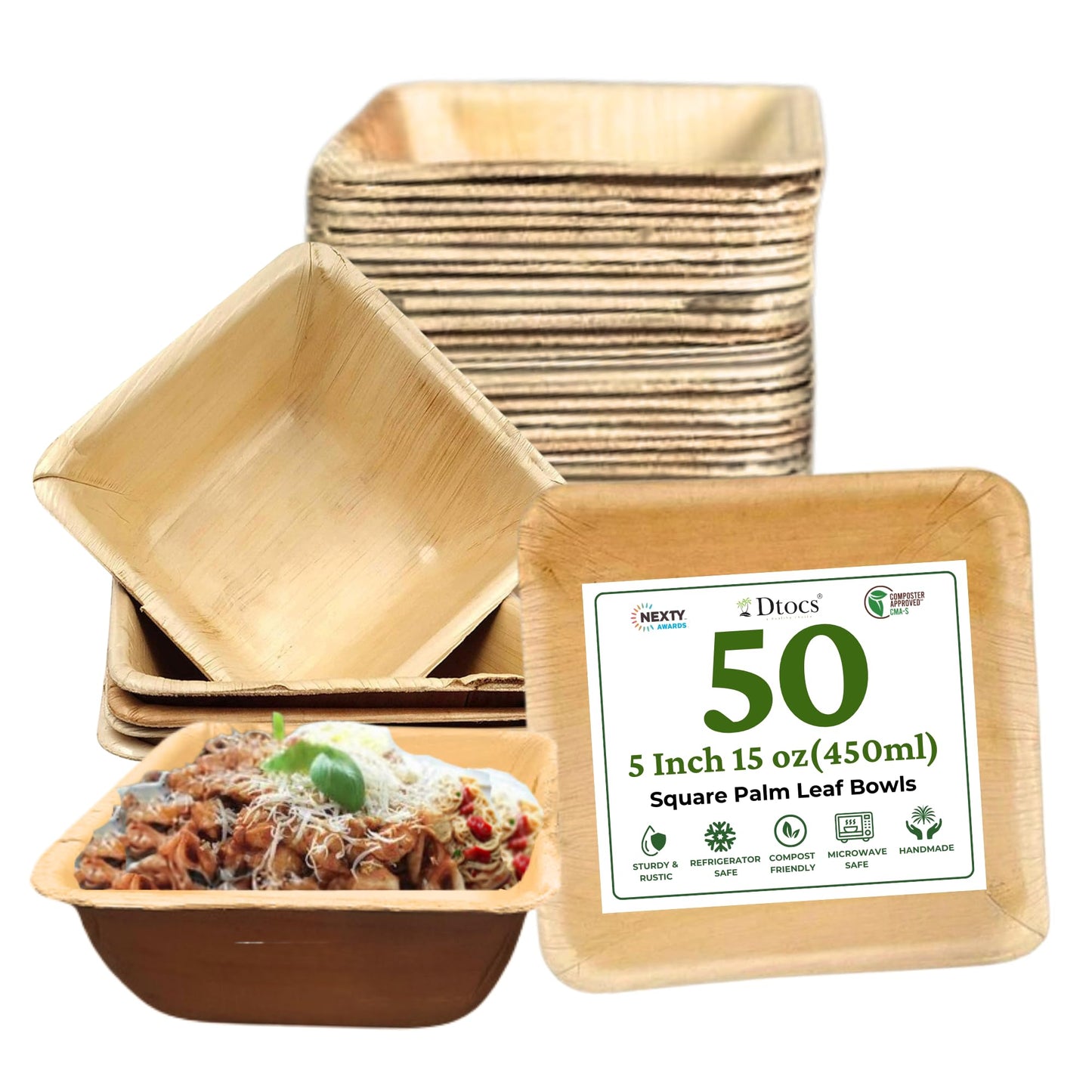 5 Inch Palm Leaf Bowls Square (50 Pack) | Small Bamboo Look Compostable Bowls | Rustic Disposable Dinnerware for Snacks, Appetizer, Dip, Dessert, Salad, Soup | Bamboo, Plastic, Paper Bowl Alternative
