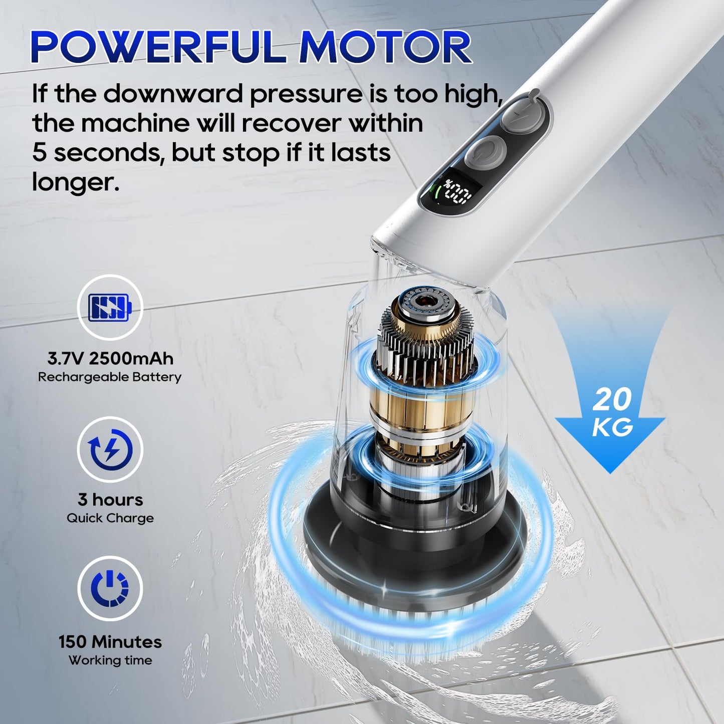 Kliburash Electric Spin Scrubber, 3 Speeds & Adjustable Long Handle Power Cordless Cleaning Brush, 8 Multifunctional Brush Heads with IPX7 Waterproof for Bathroom, Tub, Shower,Car Tiles
