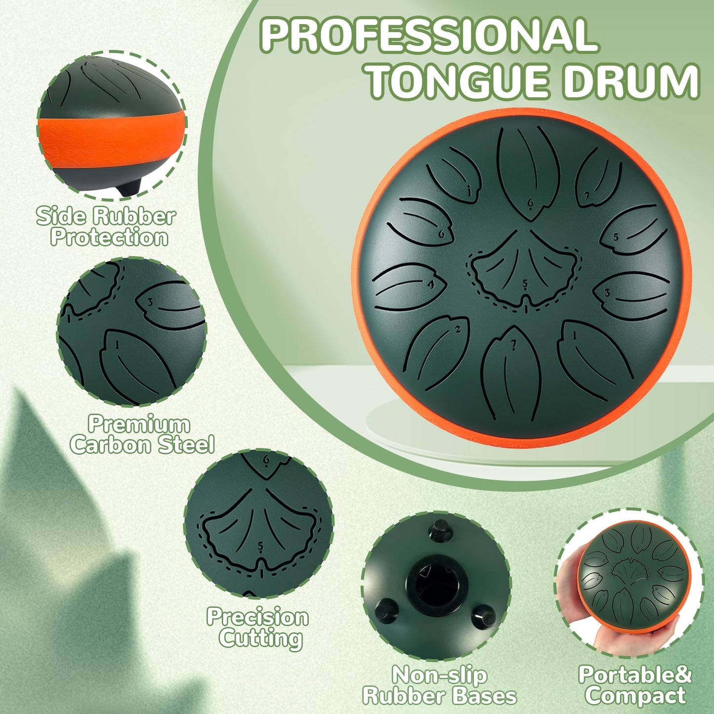 TUOKING Rain Drum for Outside Steel Tongue Drum 6 Inch 11 Notes C Key Handpan Drum for Adults and Beginners Sound Healing Musical Instrument Gift for Meditation, Yoga, Music Lovers(Green)