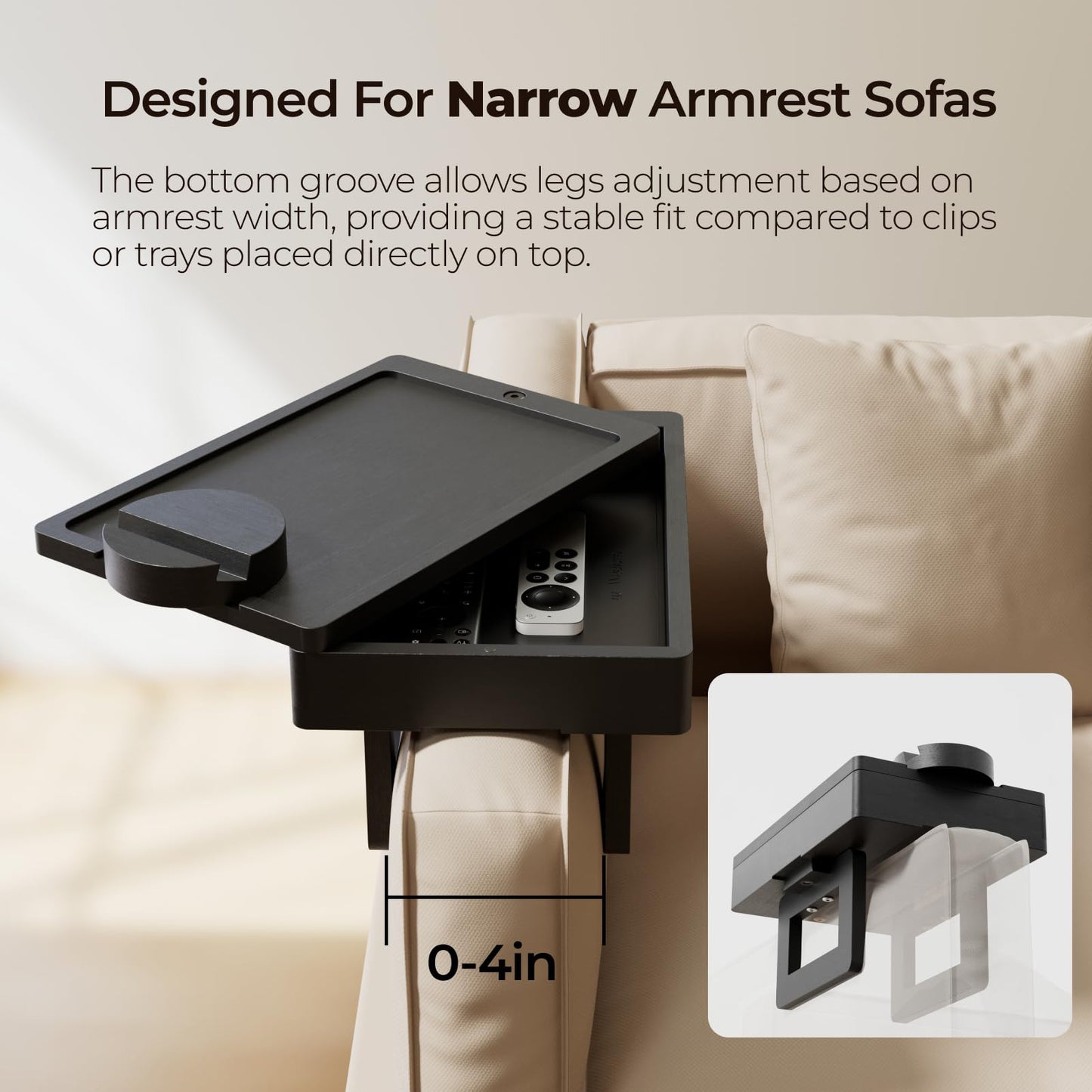 Wealone Mini Black Couch Arm Table for Narrow Armrest, Sofa Arm Tray with Storage Box, Rotating Tabletop and Phone Stand, Adjustable Sofa Arm Table Clip for Snacks or Dining, Armrest ≤7" Wide