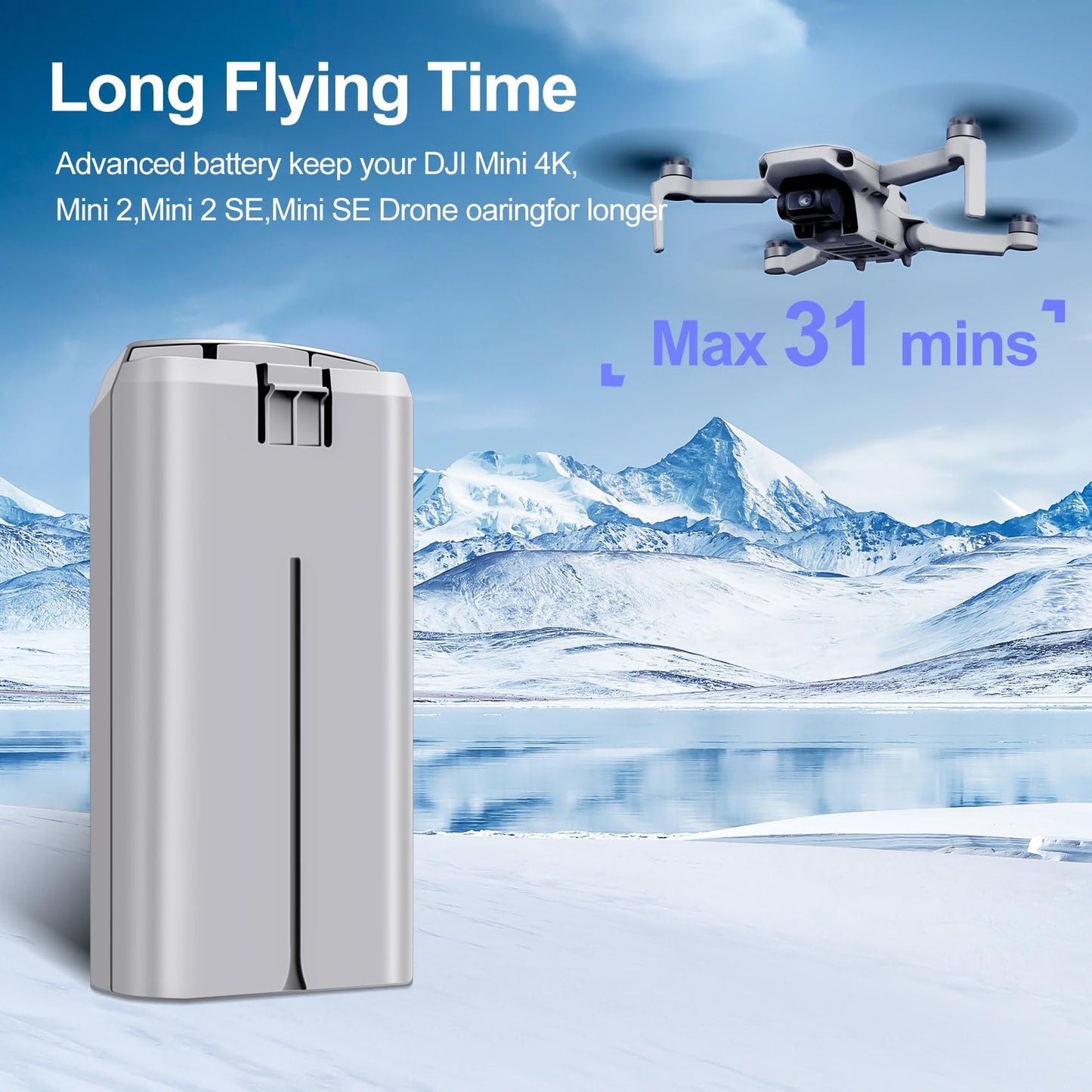 PoweLyt 1-Pack Mini 2 Series Intelligent Flight Battery 2400mAh Upgraded Drone Battery Supports up to 31 Minutes of Flying Time Fully Compatible with DJI Mini 4K/2/2 SE/SE Drone