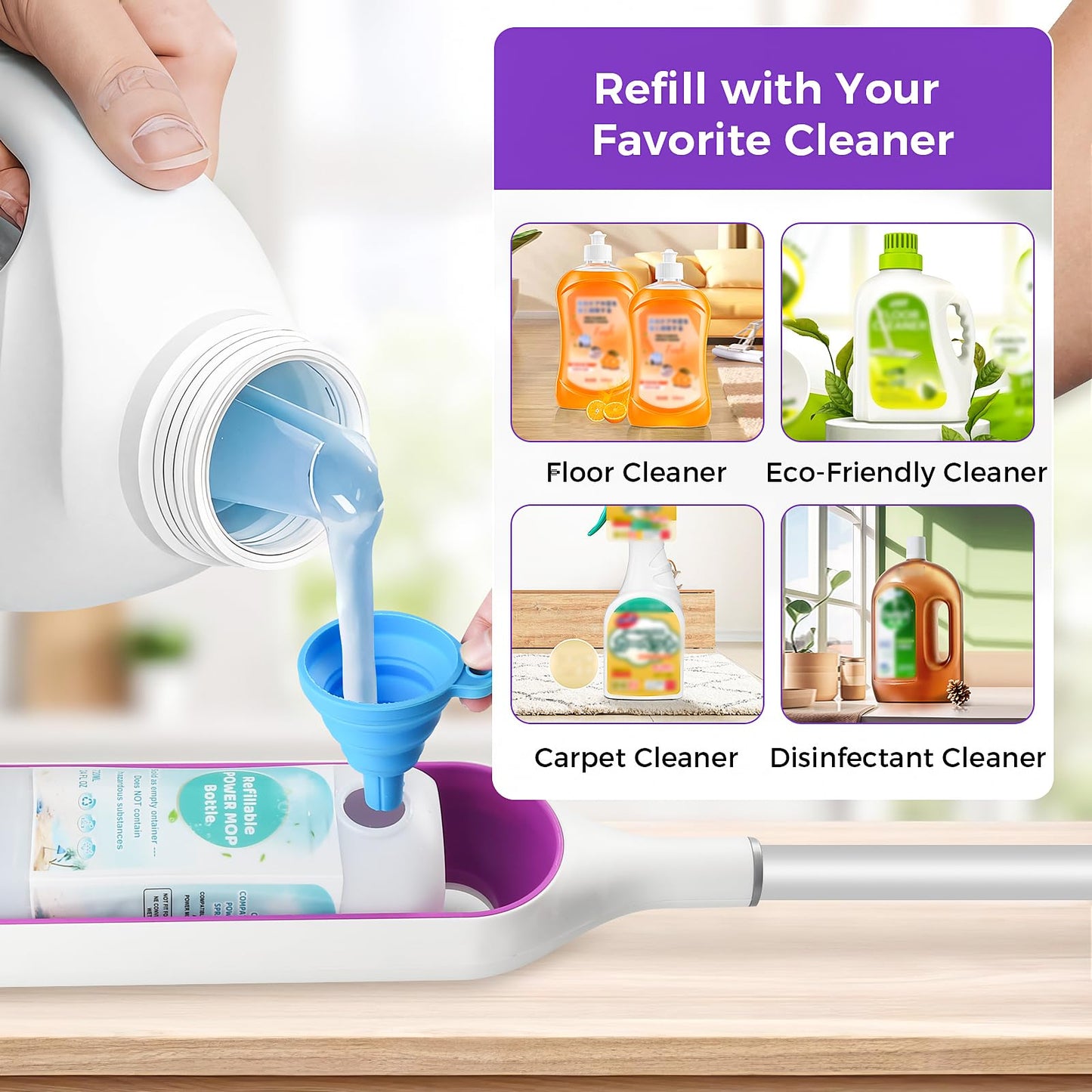 DrFlito Refillable Bottle Compatible with Swiffer Power Mop – 720ML / 24 FL.OZ Leak-Proof HDPE Reusable Solution Container with 7 Sealing Pads & 1 Folding Funnel, Use Any Liquid Cleaner,Empty
