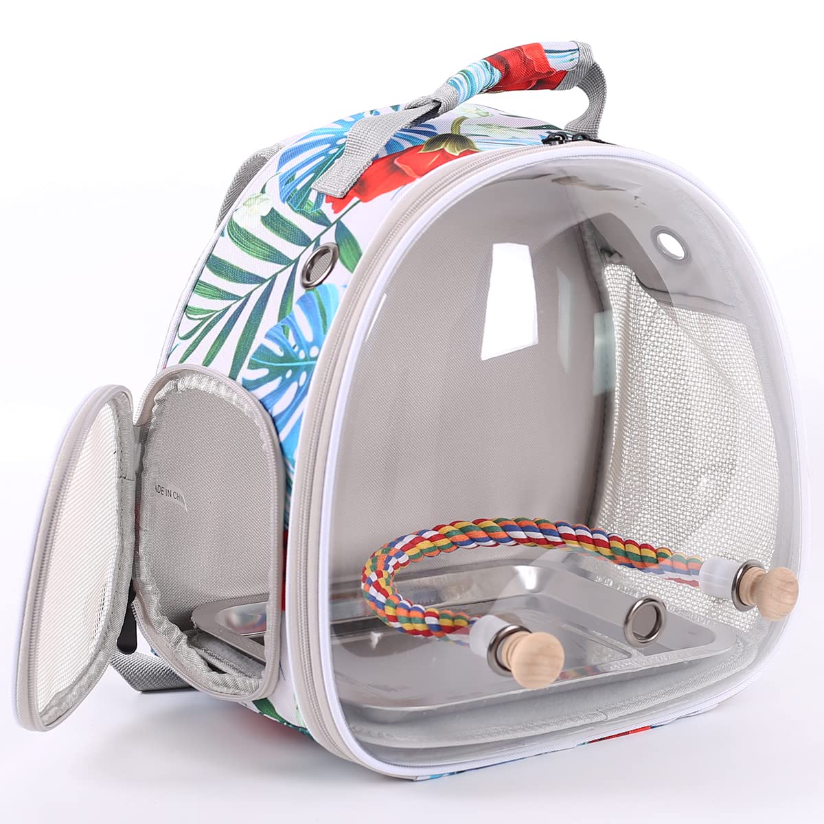 Bird Backpack Carrier, Backpack with Stand Perch and Metal Tray, Travel Carrier Backpack (SP Floral, Bird Backpack)