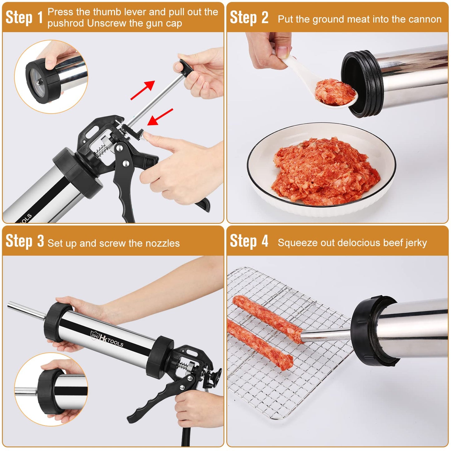 HK Jerky Gun Kits, Jerky Maker Gun, Beef Jerky Gun, 2 Pound Stainless Steel Sausage Jerky Making Gun with 5 Stainless Nozzles, 2 Cleaning Brushes, 1 Stomper, Black