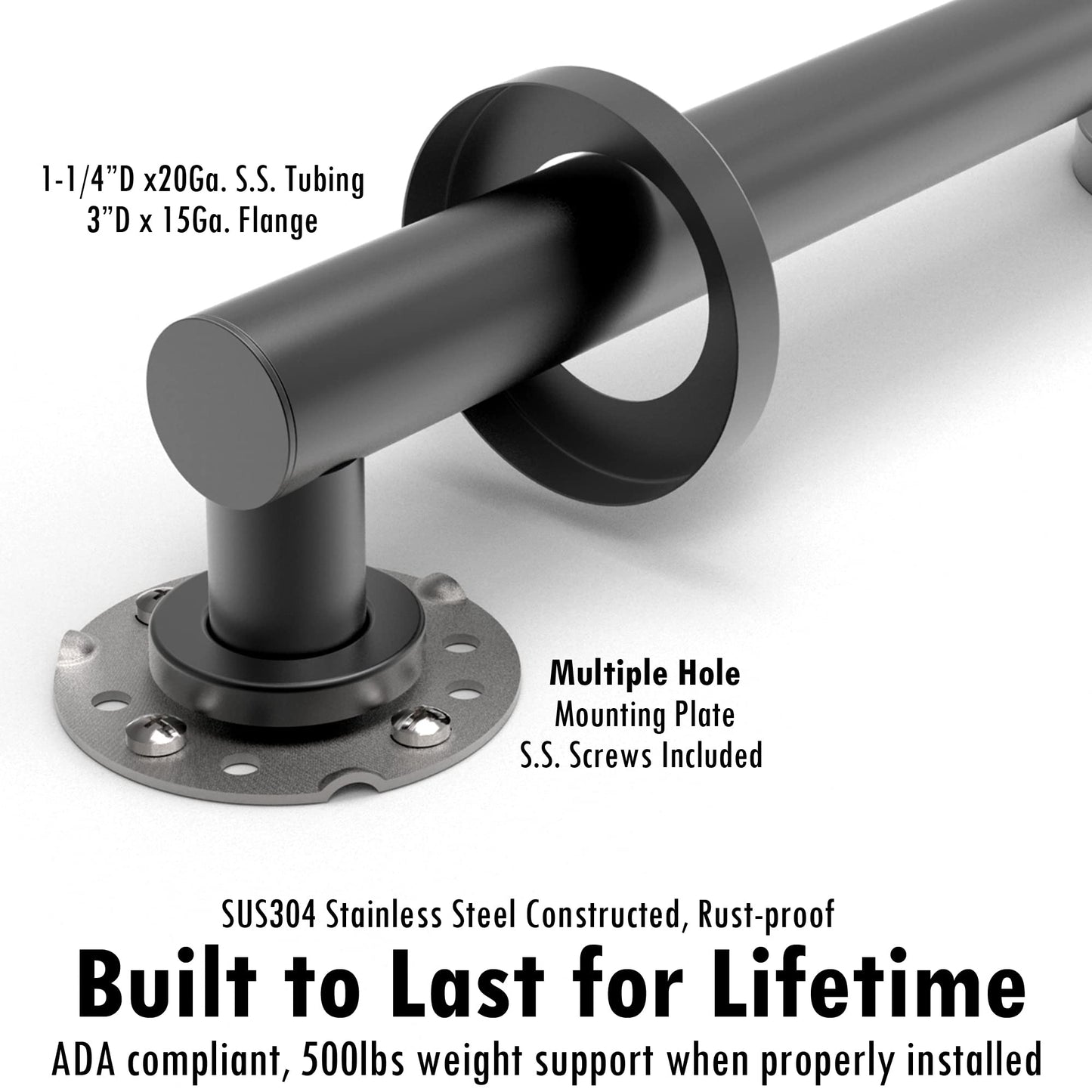 AmeriLuck 16 inches Stainless Steel Designer Grab Bar for Bath Safety, Collection Glacier, ADA Compliant 500lbs Loading Capacity, Matte Black