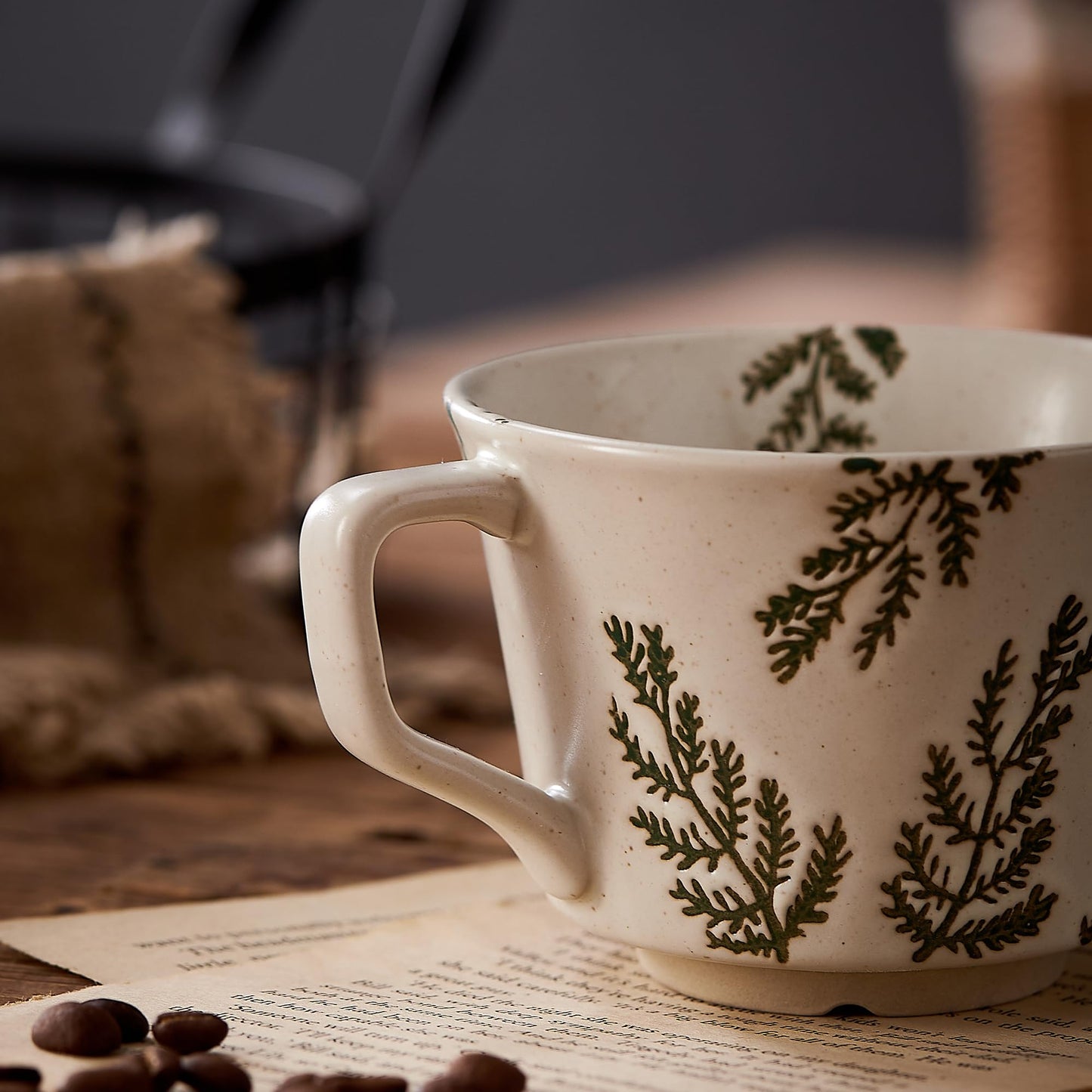 Swuut 12oz Vintage Ceramic Coffee Mug Set of 4 - Handmade Rustic Pottery Countryside Coffee Mugs with Handle,Fall Winter Latte,Espresso Cappuccino,Cocoa,Tea Cups, Dishwasher Microwave Safe(Plants)