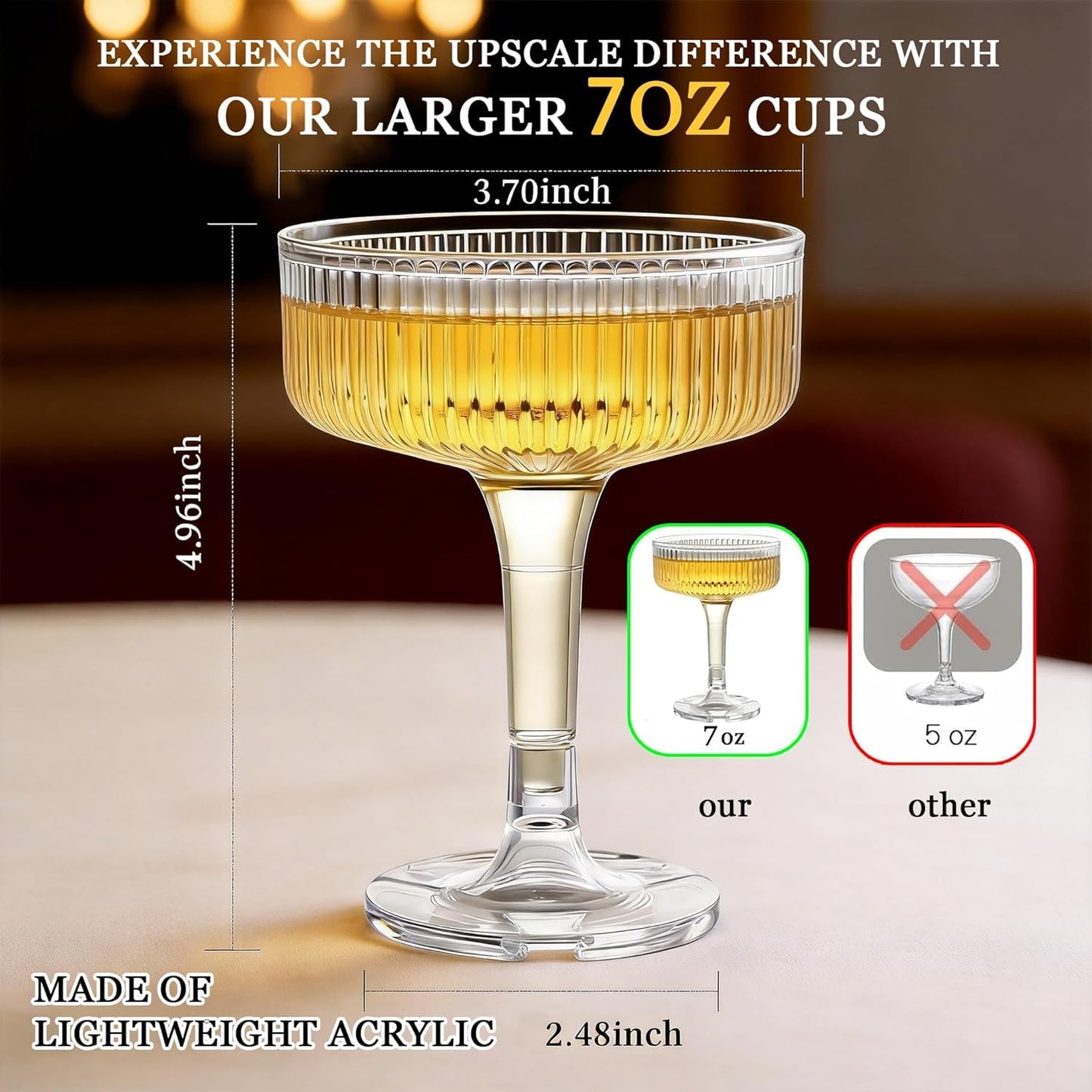 20 Pack Champagne Tower,7 oz Clear Plastic Champagne Coupe Glasses,Stackable Ribbed Martini Glasses, Unbreakable Acrylic Cocktail Coupe Cups for Weddings, Celebrations, Parties & Birthdays