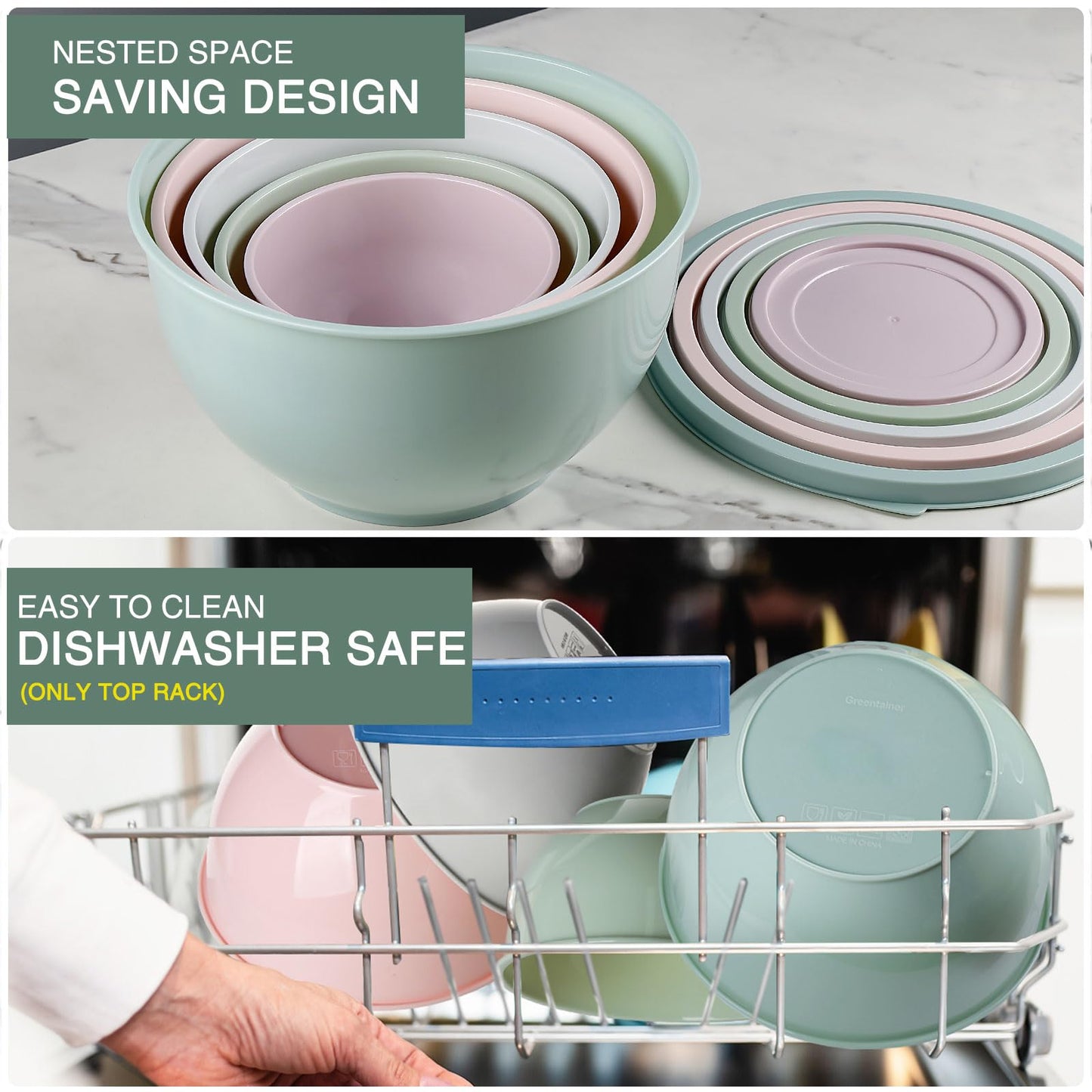 Greentainer Plastic Mixing Bowl Set with Lids for Kitchen, Nesting Storage Bowls for Baking, Prepping,Cooking and Serving Food, Dishwasher, Microwave Safe,Great for Mixing & Serving (5pcs Pink)