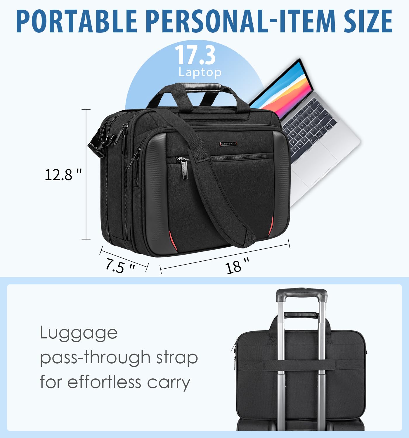 EMPSIGN Laptop Case Briefcase, 17.3 Inch Laptop Bag Expandable Messenger Bag for Men & Women Water Repellent, RFID Blocking Shoulder Bag Canvas Bag for Work, Business Commute Travel School-Black