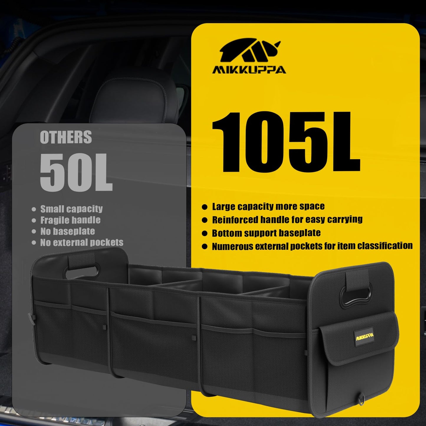 MIKKUPPA Car Trunk Organizer - 105L Collapsible Large Trunk Organizer for Groceries, Trunk Storage Organizers for SUV Auto Truck Van with Non Slip Bottom (Black)