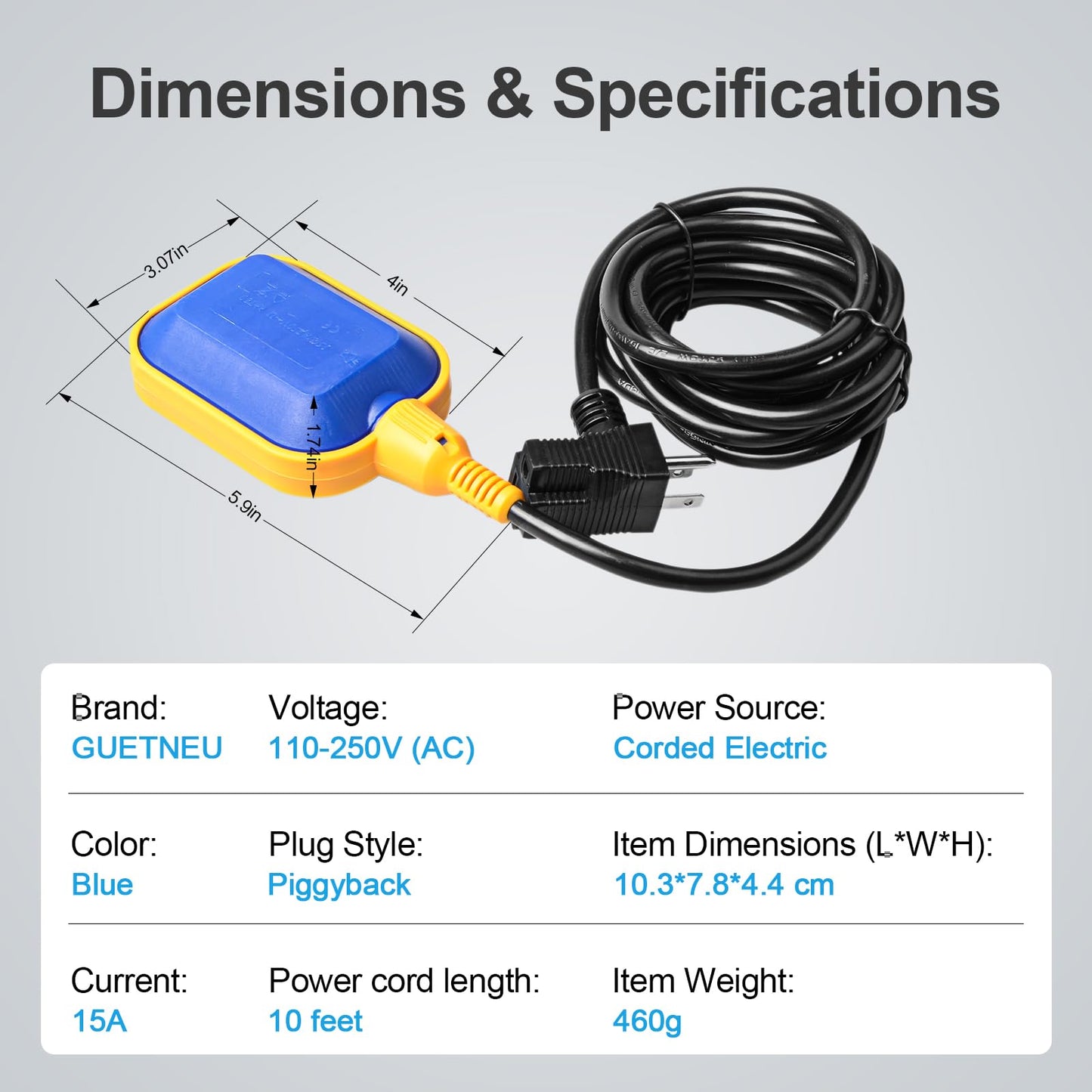 GUETNEU Universal Tethered Float Switch for Sump Pumps - 15A, 110~250V AC, Piggyback Style Plug, 10 Feet Cord - Ideal for Water Tanks, Sewage Pumps, Septic Tank Pumps, and More
