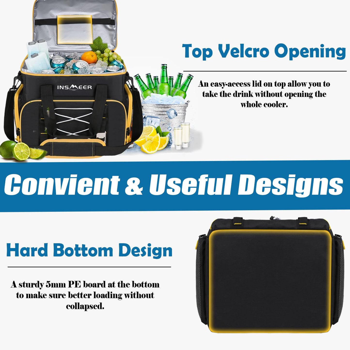 INSMEER 55 Cans/45L Large Soft Side Cooler with Hard-Bottom 100% Leak-Proof/Portable/Insulated/Collapsible Lunch Cooler Bag/glaciere for Camping,Beach,Picnic,Grocery Shopping,Road Trip