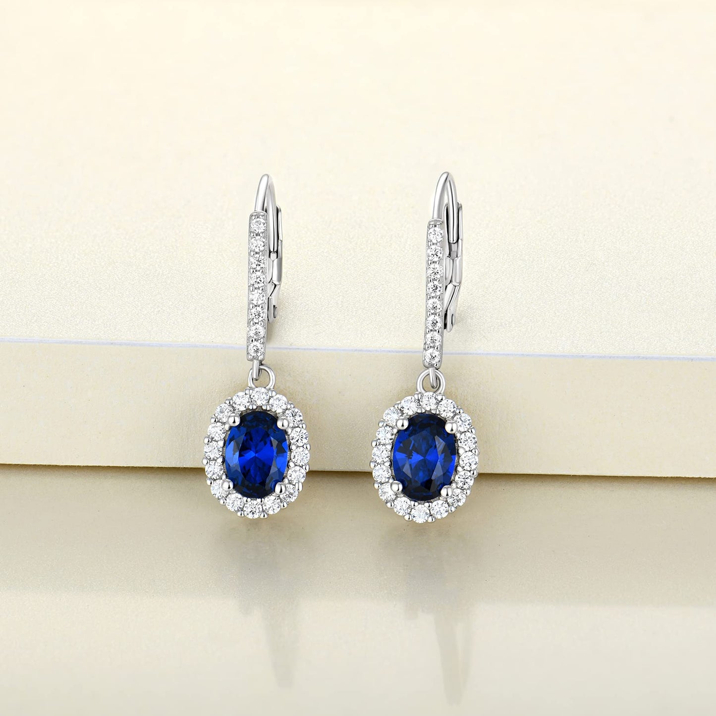 YL Created Blue Sapphire Drop Dangle Earrings for Women, Solid Sterling Silver Oval Cut Halo Gemstone Solitaire Leverback Jewelry Birthday Gifts Mother Her