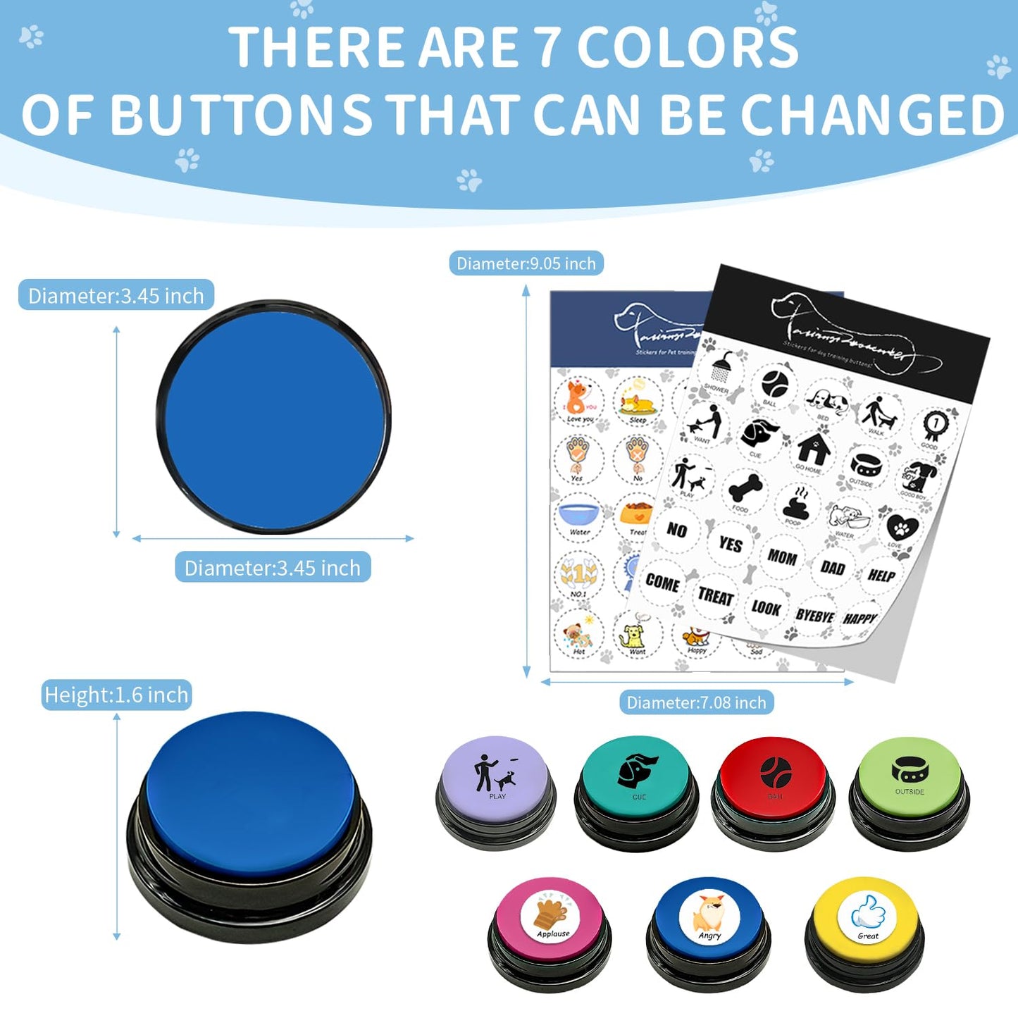 BOSKEY Set of 7 Dog Buttons for Communication Words 30-Second HD Recording Button Recordable Buttons - Waterproof Pads and 50 Stickers Train Your Dog to Voice What They Need