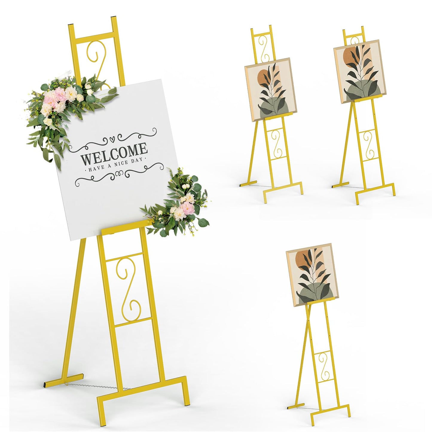 Skcoipsra 58IN Gold Easel Stand for Sign, 3 Tier Adjustable Larger Wedding Welcome Sign Holder, Art Poster Display Stand Free Standing with Chain, 17x17x58 Inch