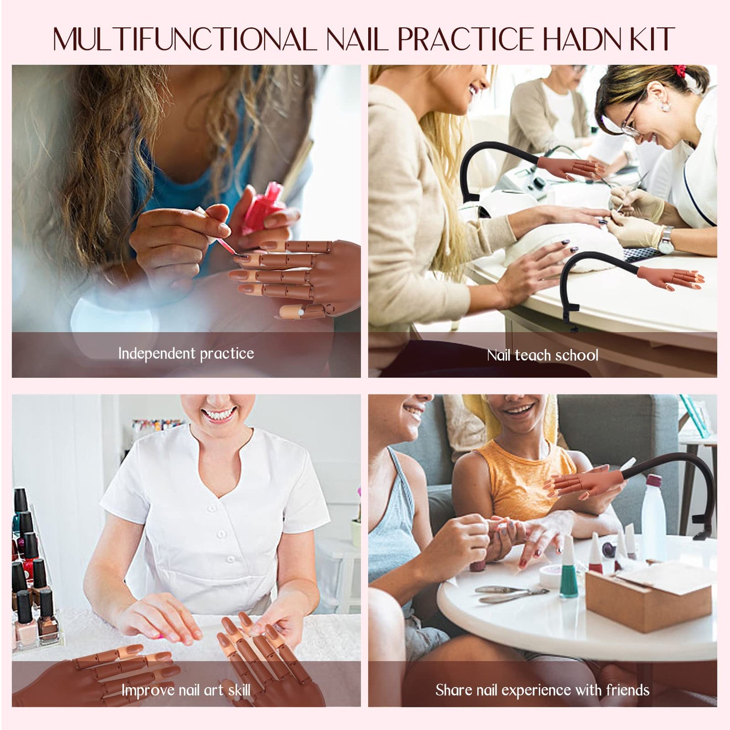 SAVILAND Nail Practice Hand for Acrylic Nails, Flexible Moveable Fake Manicure Trainng Hand Nail Kit for Beginners with Nail Tips, Nail Clipper, Nail Art Brushes, Nail Files, Home DIY