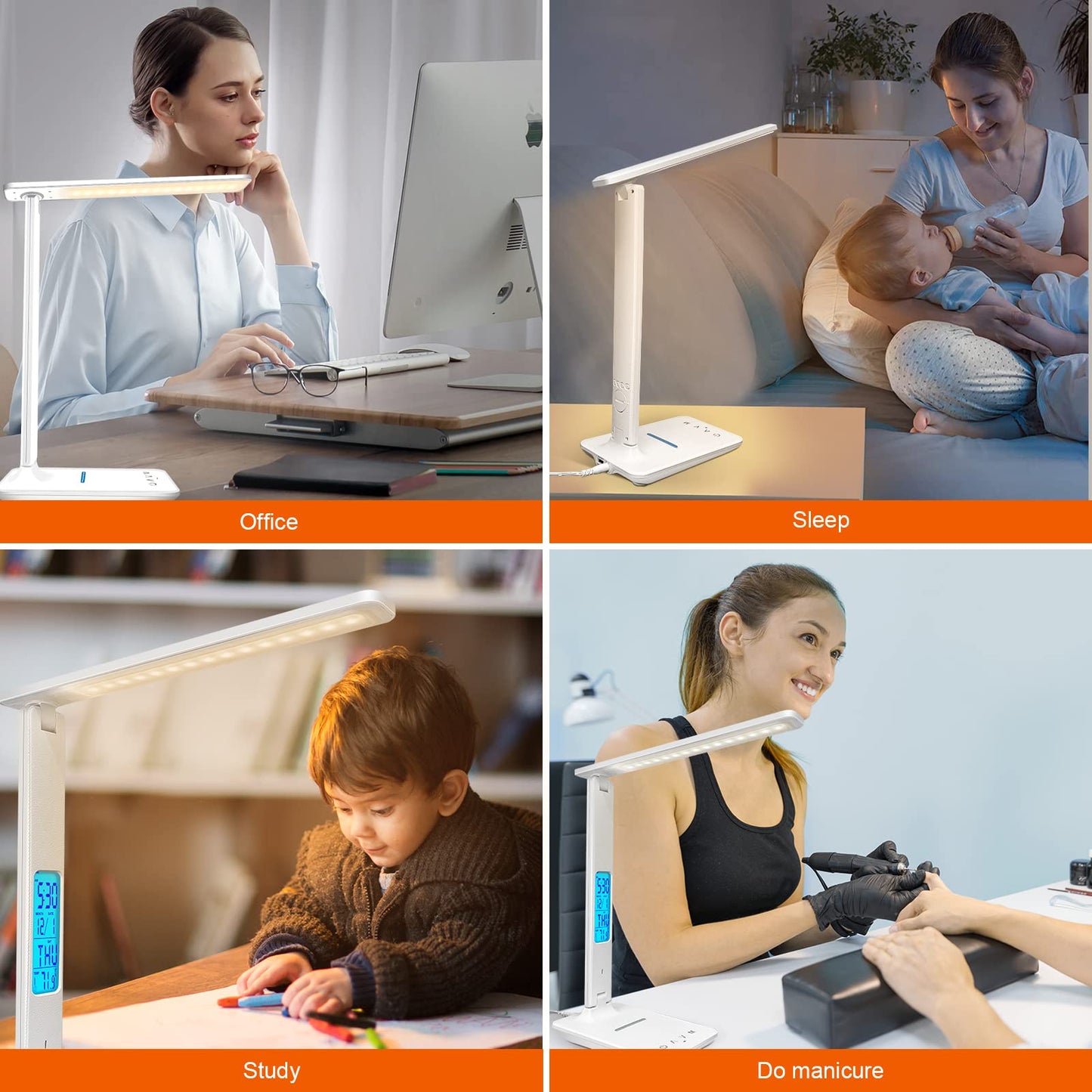 Whicow LED Desk Lamp, Desk Light with Wireless Charger, USB Charging Port, Dimmable Office Desk Lamp with Clock, Alarm, Date, Temperature, Foldable Table Lamp for Table Bedroom Bedside Office