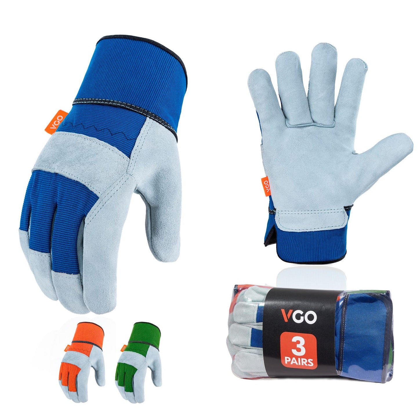 Vgo 3Pairs Safety Leather Work Gloves Men,Gardening Gloves,Rigger Gloves,Builder Gloves(XL,Blue+Green+Orange,CB3501)