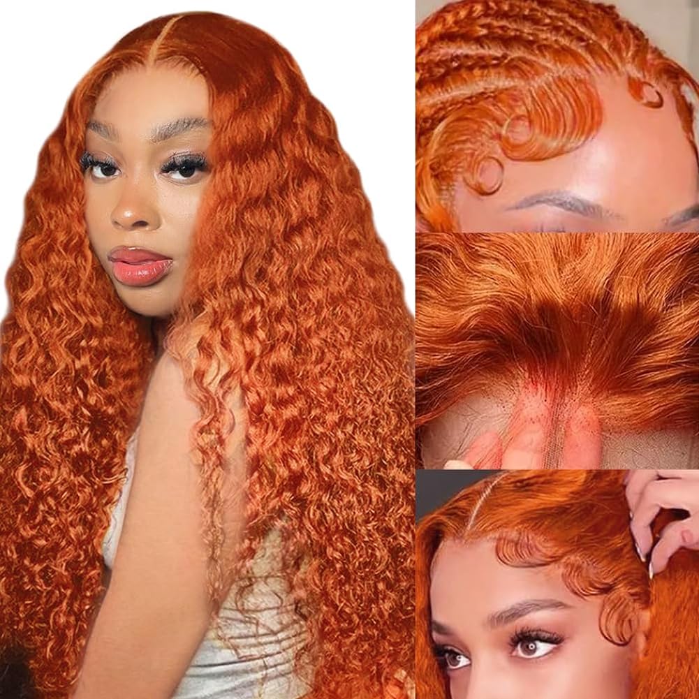 ALSZIQIHR Ginger Orange Water Wave Front Wig Human Hair Color 13x4 HD Transparent Lace Front Human Hair Wig for Black Women 180% Density R