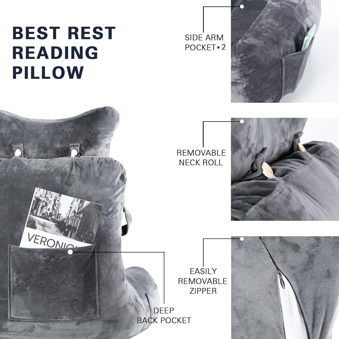 Reading Pillow-Extra Large 31" Bed Rest Pillow with Detachable Neck Roll & Arms for Sitting in Bed or Couch-Backrest Reading Pillow Adult Back Pillows for Reading/Watching TV/Gaming, Dark Grey