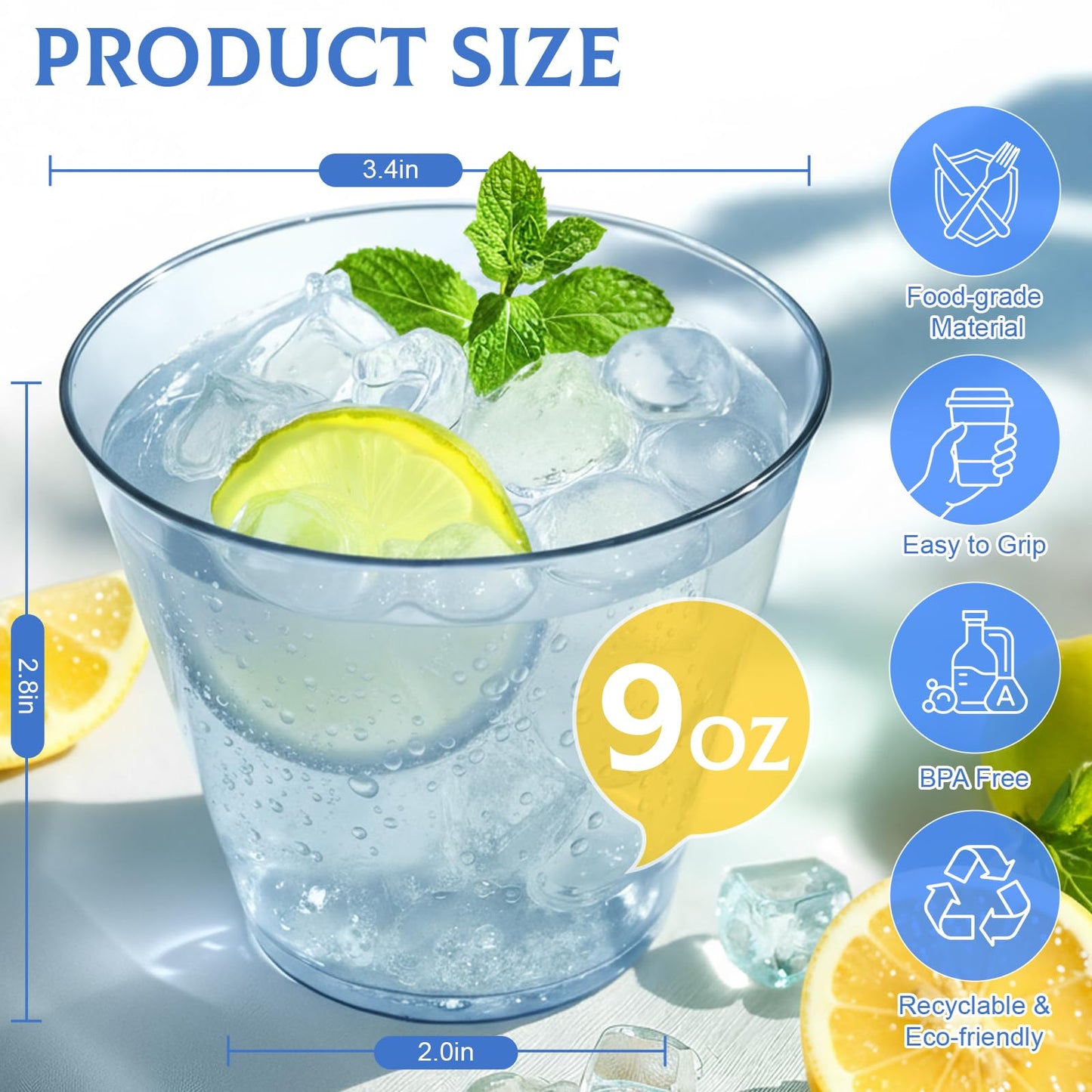 Glowserve 9 oz Clear Plastic Disposable Cups 150 PCS Blue Drinking Glasses for Cold Water Sturdy Plastic Tumblers for Cocktails Cups Bulk for Wedding Thanksgiving Christmas Party