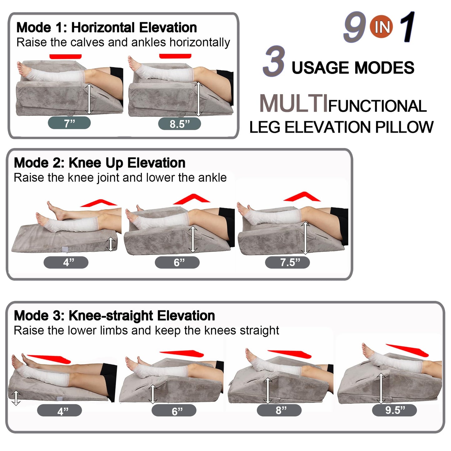 WDBBYL Leg Elevation Pillow, 3 Modes For Knee Ankle & Leg Raise After Surgery, Memory Foam U-shaped Leg Positioner, Side Pockets, Washable Velvet Cover (Grey)