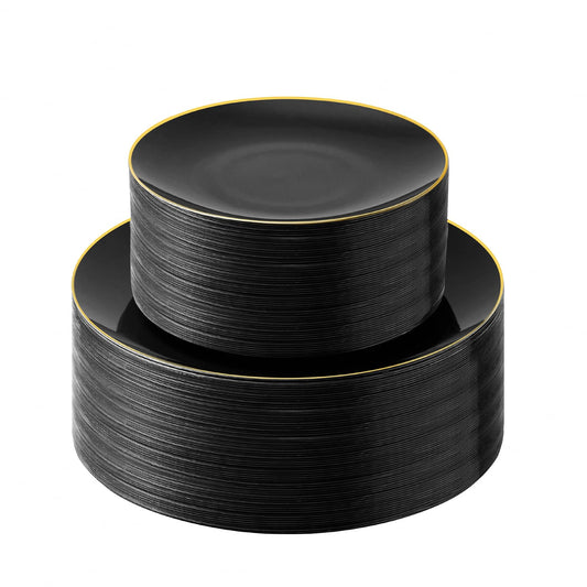 Bestluck 100PCS Black Plastic Plates with Gold Rim, Black Gold Disposable Plates for Party, Graduation and Wedding, Include 50 Dinner Plates, 50 Dessert Plates for 50 Guests
