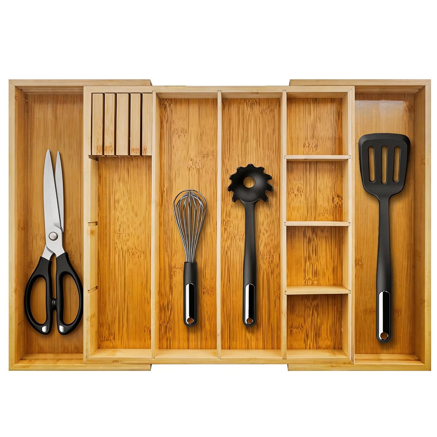 KWASVLYA Bamboo Expandable Drawer Organizer with Removable Dividers, 15"-22" Adjustable Tray for Kitchen Utensils, Makeup & Office Storage